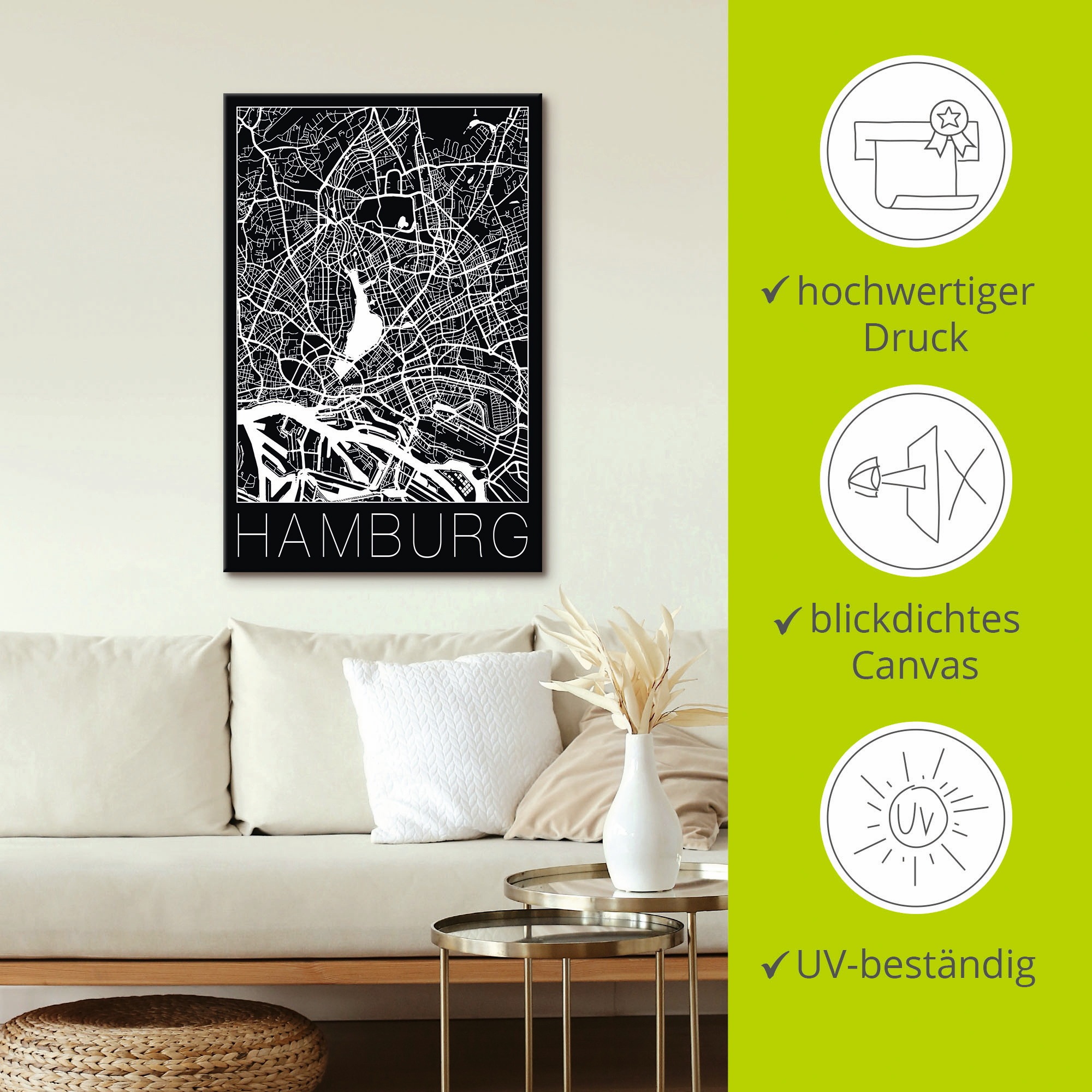 Artland Wandbild »Retro Karte Hamburg Deutschland Schwarz«, Deutschland, (1 St.), als Alubild, Outdoorbild, Leinwandbild, Poster in verschied. Größen
