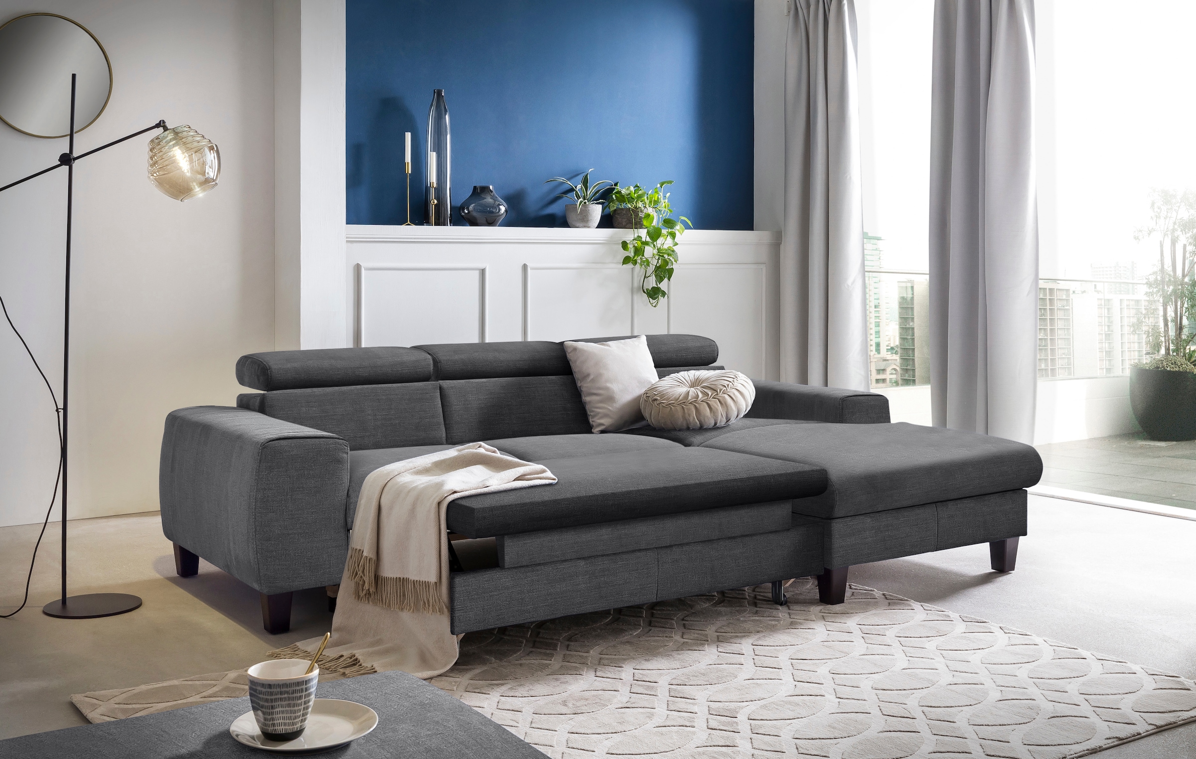 COTTA Ecksofa »Morven L-Form mit Kopfteilverstellung«, wahlweise mit Bettfunktion, Bettkasten & Wireless-Charger