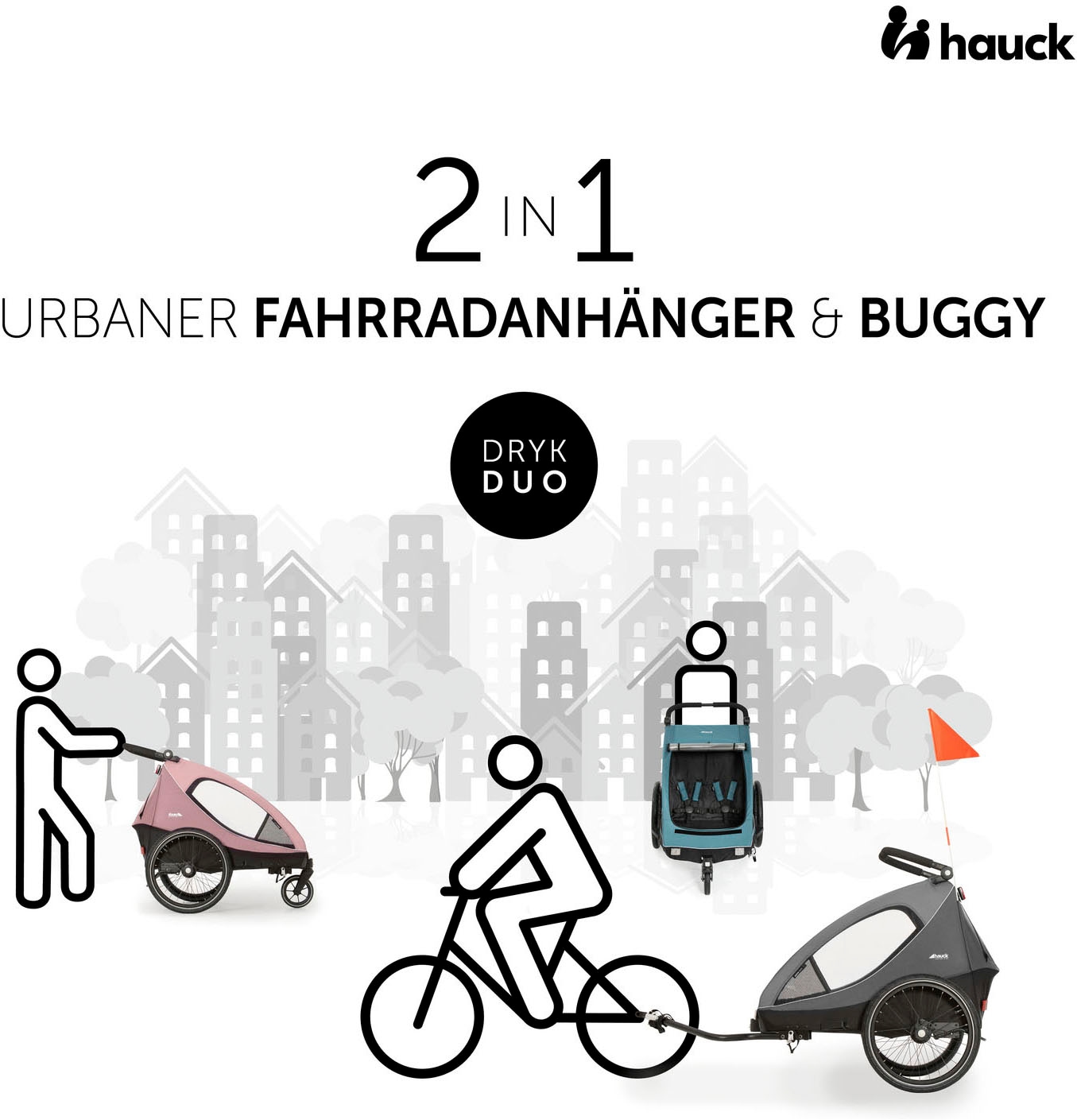 Hauck Fahrradkinderanhänger »2in1 Bike Trailer und Buggy Dryk Duo, melange grey«, für 2 Kinder; inklusive Deichsel