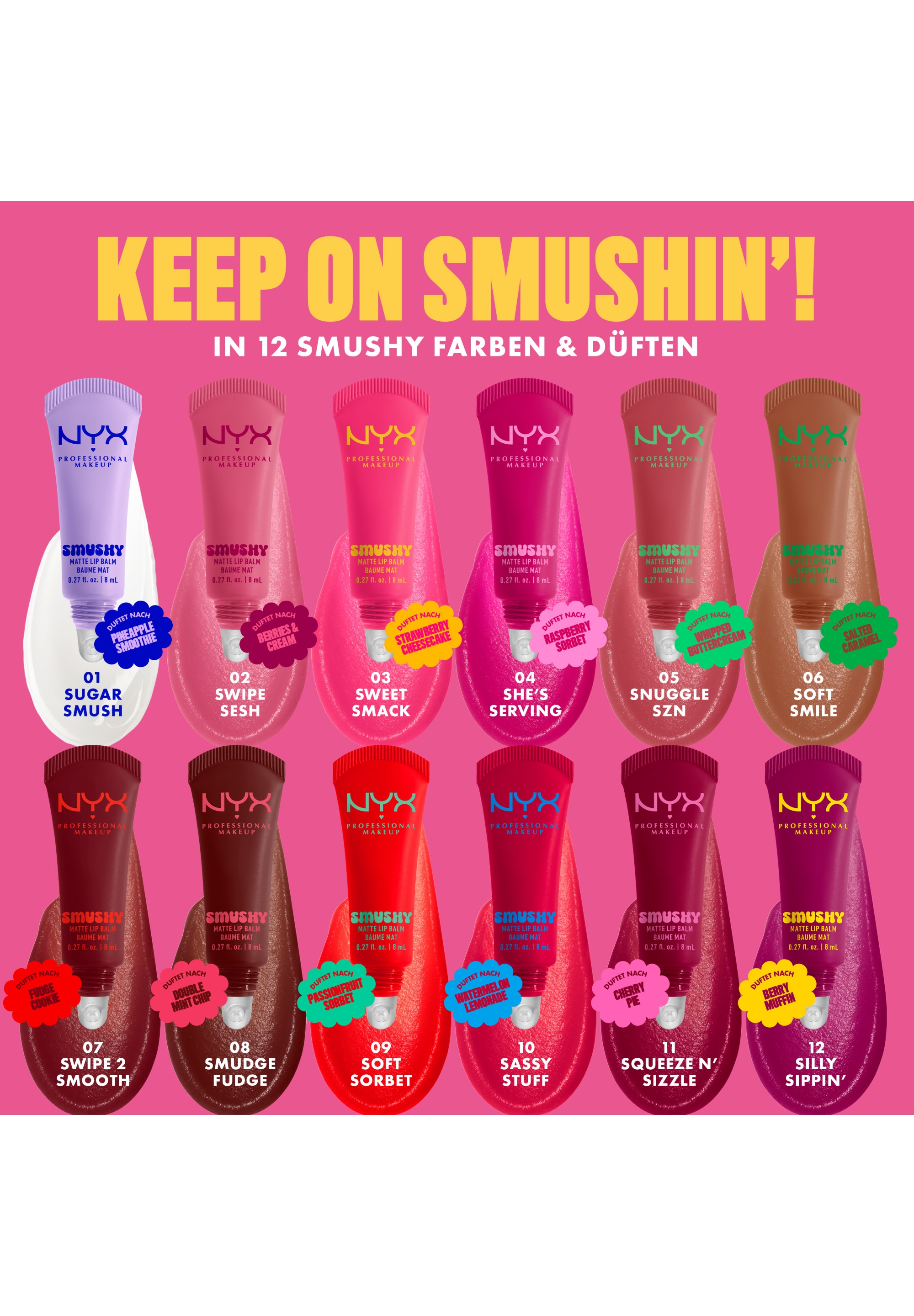 NYX PROFESSIONAL MAKEUP Lippenbalsam »SMUSHY MATTE LIP BALM« jeder der Farbtöne hat einen einzigartigen, süßen Duft