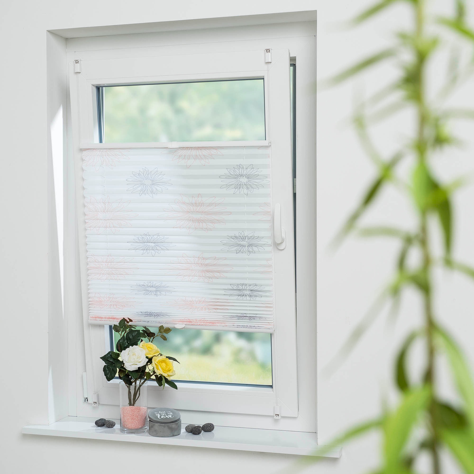 Liedeco Plissee »Blume grau«, Lichtschutz, ohne Bohren, verspannt