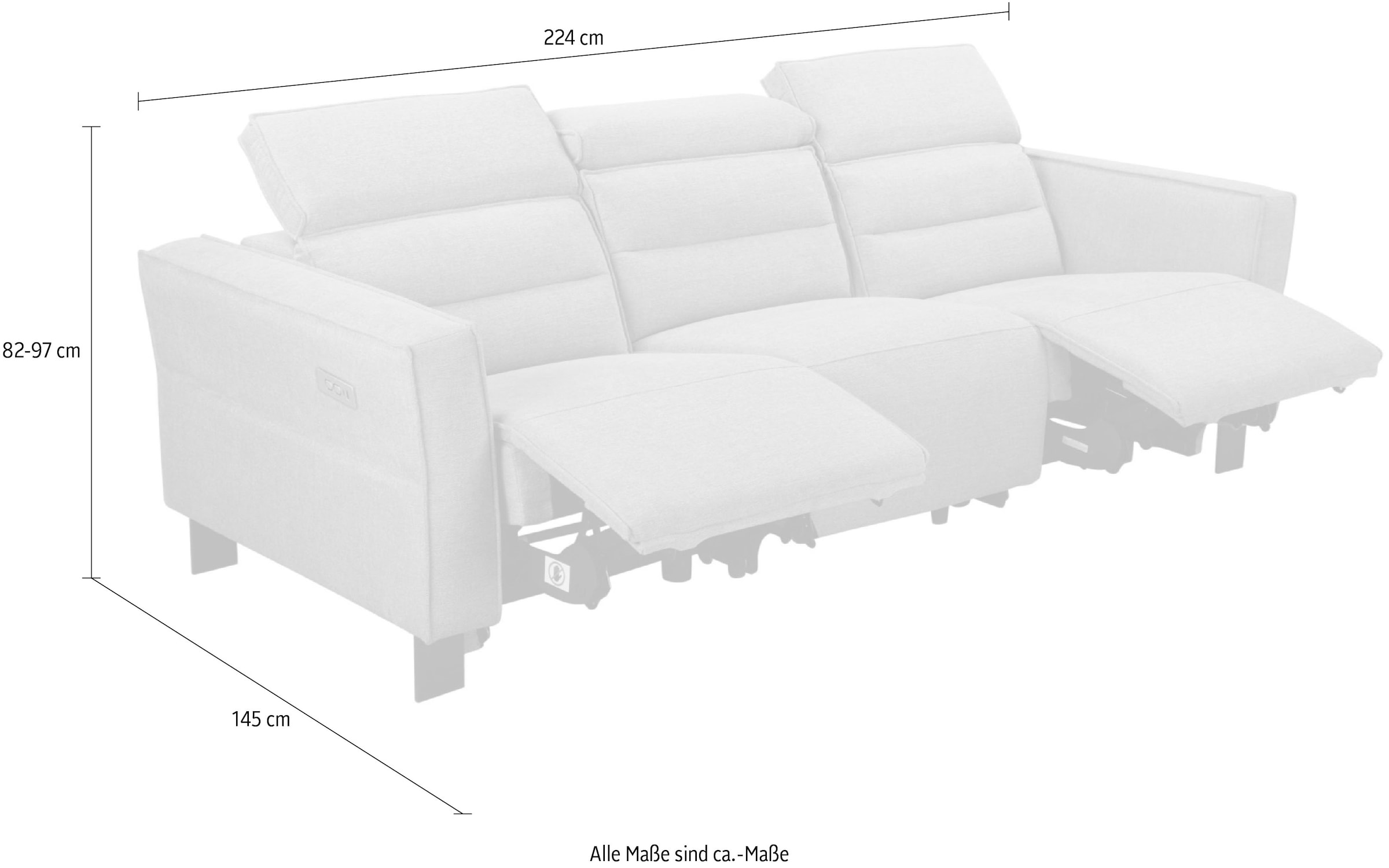 Places of Style 3-Sitzer »Carpari, 224cm, manuelle od. elektrische Relaxfunktion in 2 Sitzen«, mit USB, Kopfteilverstellung, Echtleder, Kunstleder, Webstoff