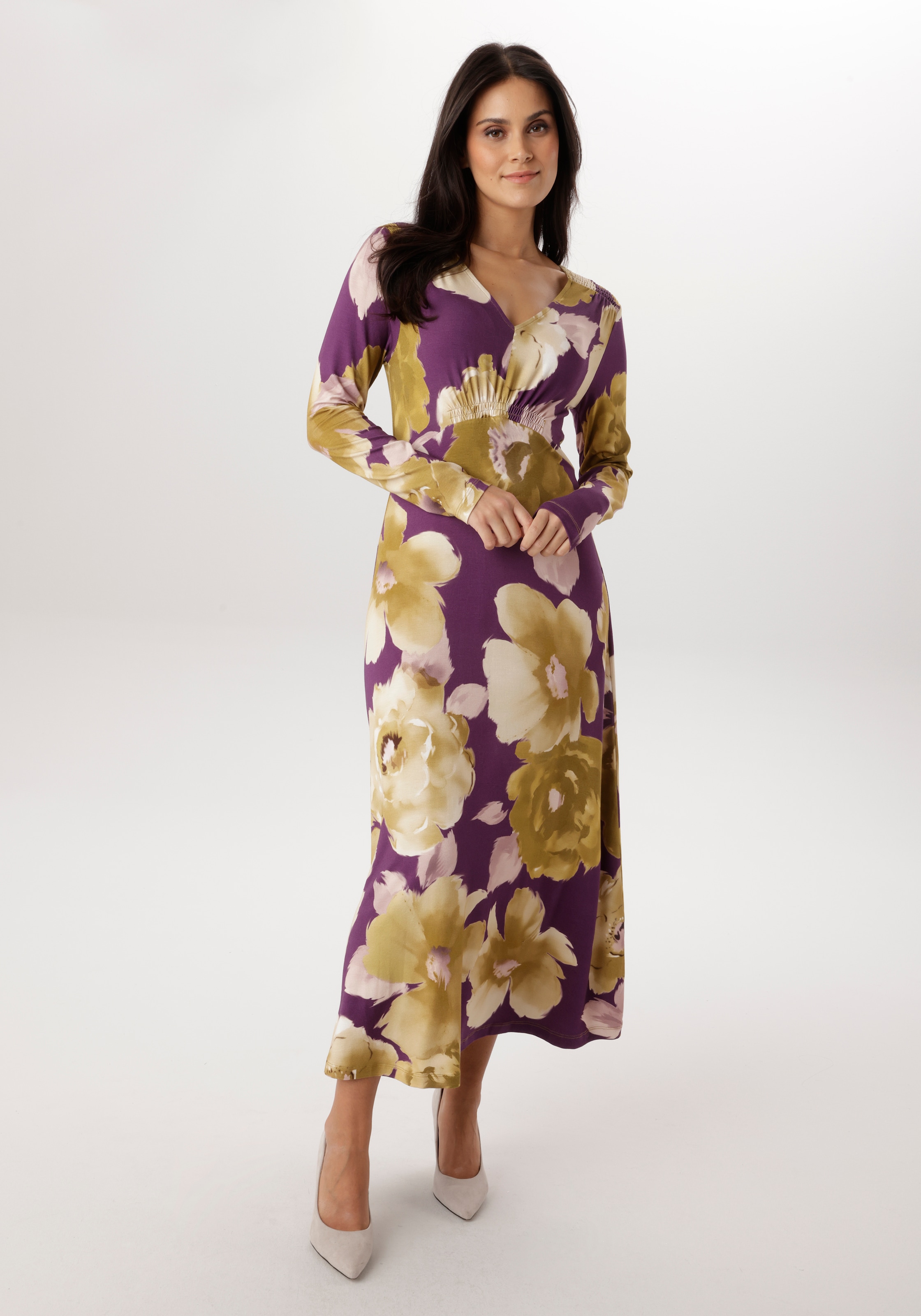 Aniston SELECTED Midikleid mit Smok-Details und fantasievollem Blütendruck - NEUE KOLLEKTION