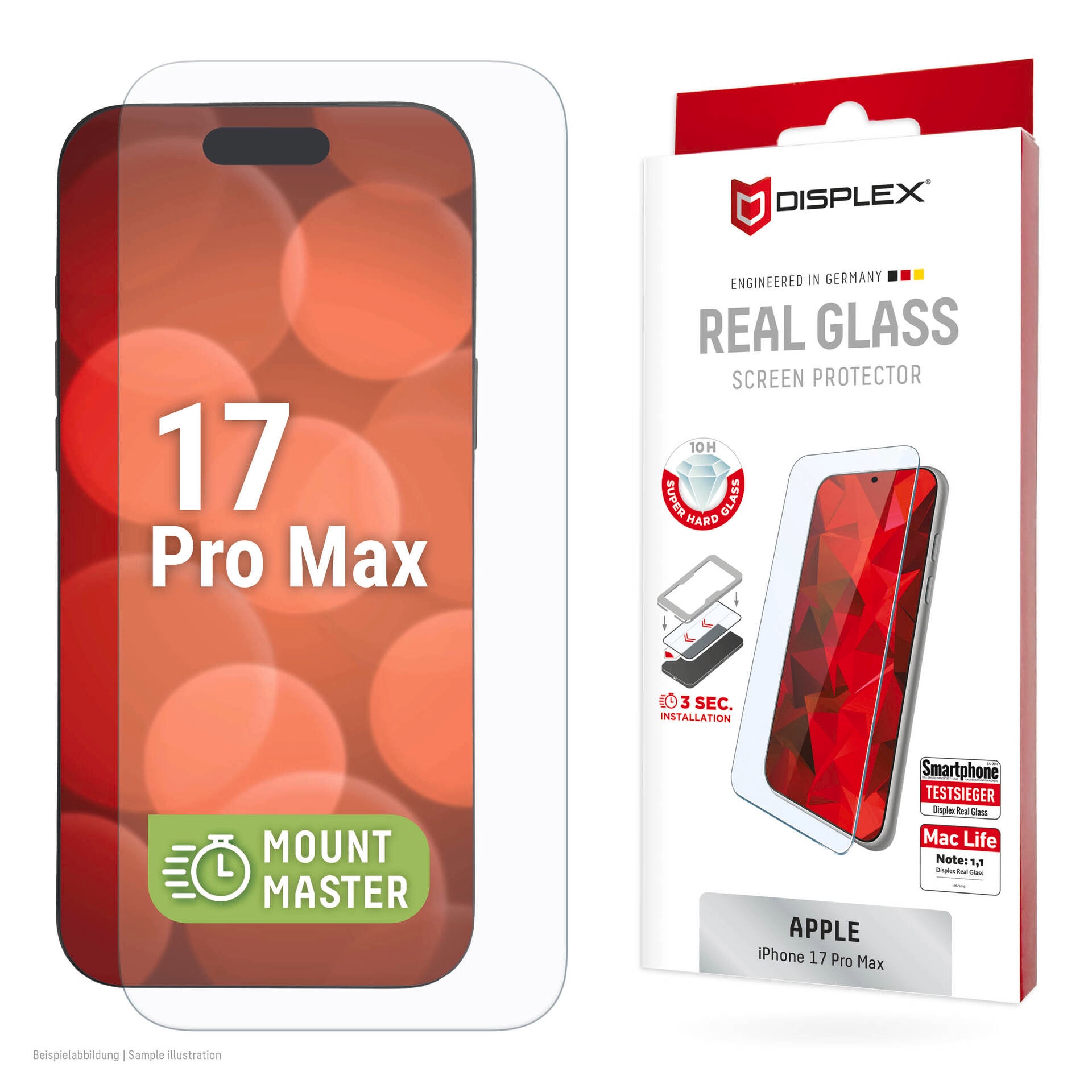 Displex Panzerglas (10H, 2D) für Apple iPhone 17 Pro Max,MountMaster kratzer-resistent