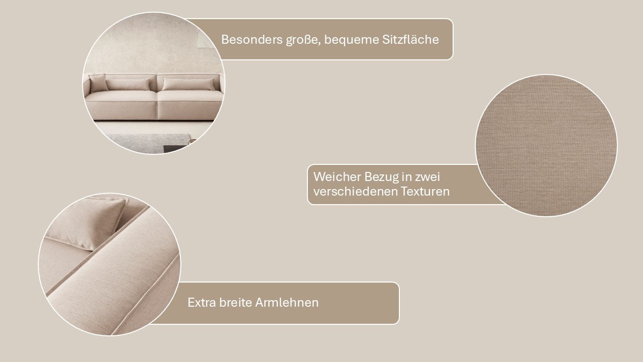 LeGer Home by Lena Gercke 3-Sitzer »PIARA XXL, Sofa mit Kedernaht in Cord, Leinenoptik o. Strukturstoff«, schwarze Füße, bequemer Sitzkomfort, extra tiefe Sitzfläche