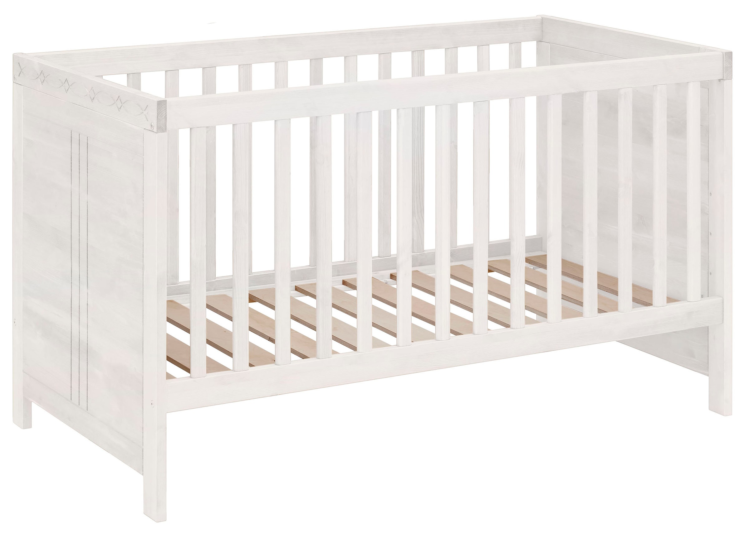 Lüttenhütt Babybett »Indra, Schlupfsprossen, 4-fach verstellbare Liegehöhe,«, FSC® zertifiziertes Massivholz, Landhausstil mit tollen Details