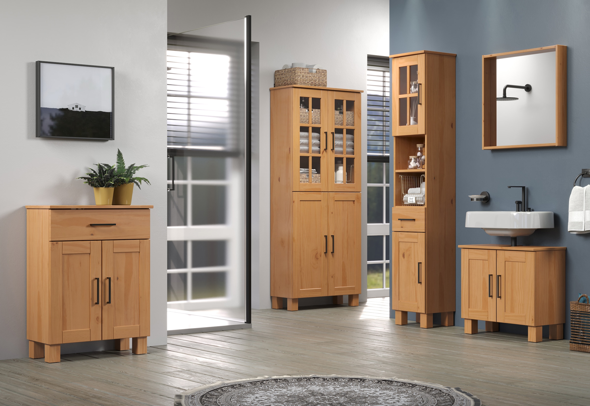 welltime Hochschrank »Ulea«, (1 St.), Breiter Badschrank aus Massivholz - Maße (B/T/H) 70/30/170 cm
