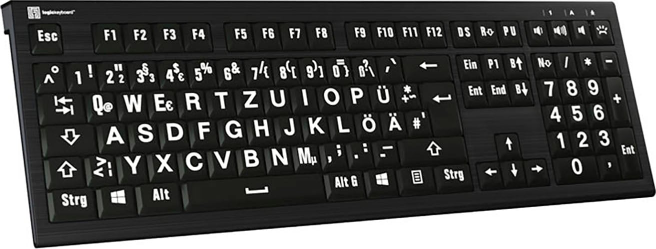 Logickeyboard Tastatur »XL-Print Astra 2 White on Black DE (PC)«, (Multimedia-Tasten-USB-Hub-Ziffernblock)