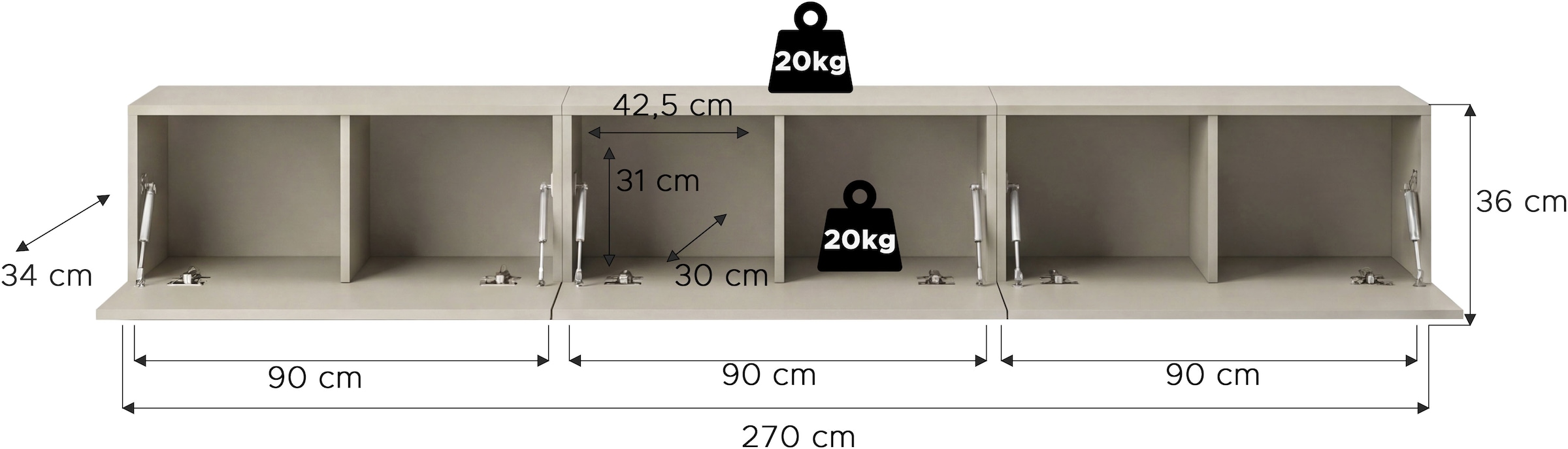 OTTO home Lowboard »SPIAGGIA, 3-teiliges Set, Breite 270cm, stehend & hängend montierbar« TV-Möbel, TV-Schrank, TV-Lowboard, Mediaboard