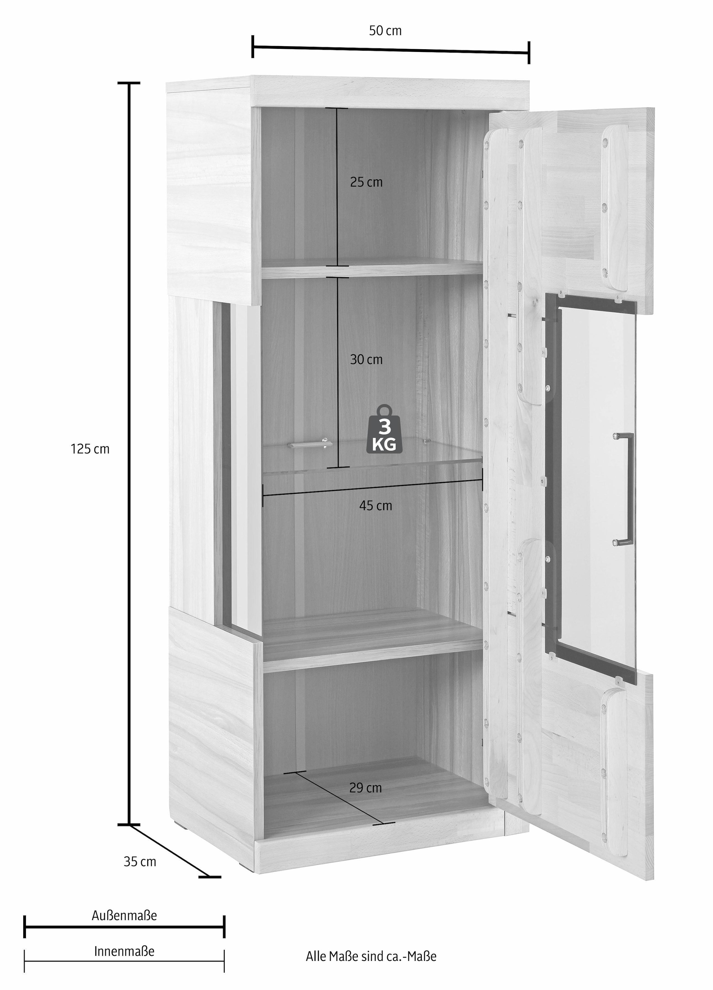 Home affaire Vitrine »Ribe,125cm hoch,4 Fächer,1Glasboden variabel einsetzbar«, Oberplatte Eiche massiv,dunkles Glas, schwarze Metall Griffe