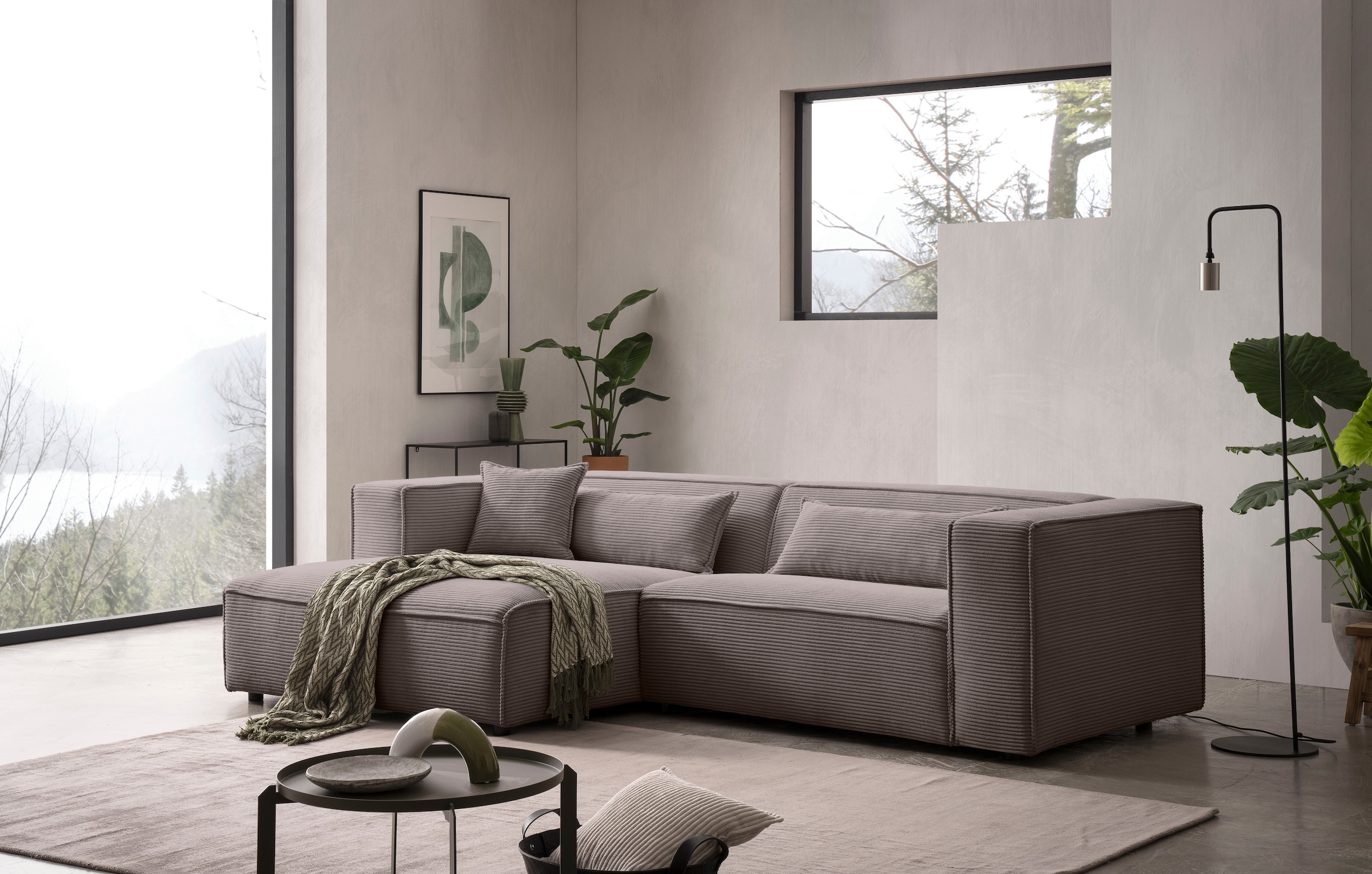 LeGer Home by Lena Gercke Ecksofa »PIARA mit Kedernaht, Cord, Leinenoptik o. Strukturstoff, Couch, L-Form« wahlweise Ottomane rechts/links, schwarze Füße, bequemer Sitzkomfort