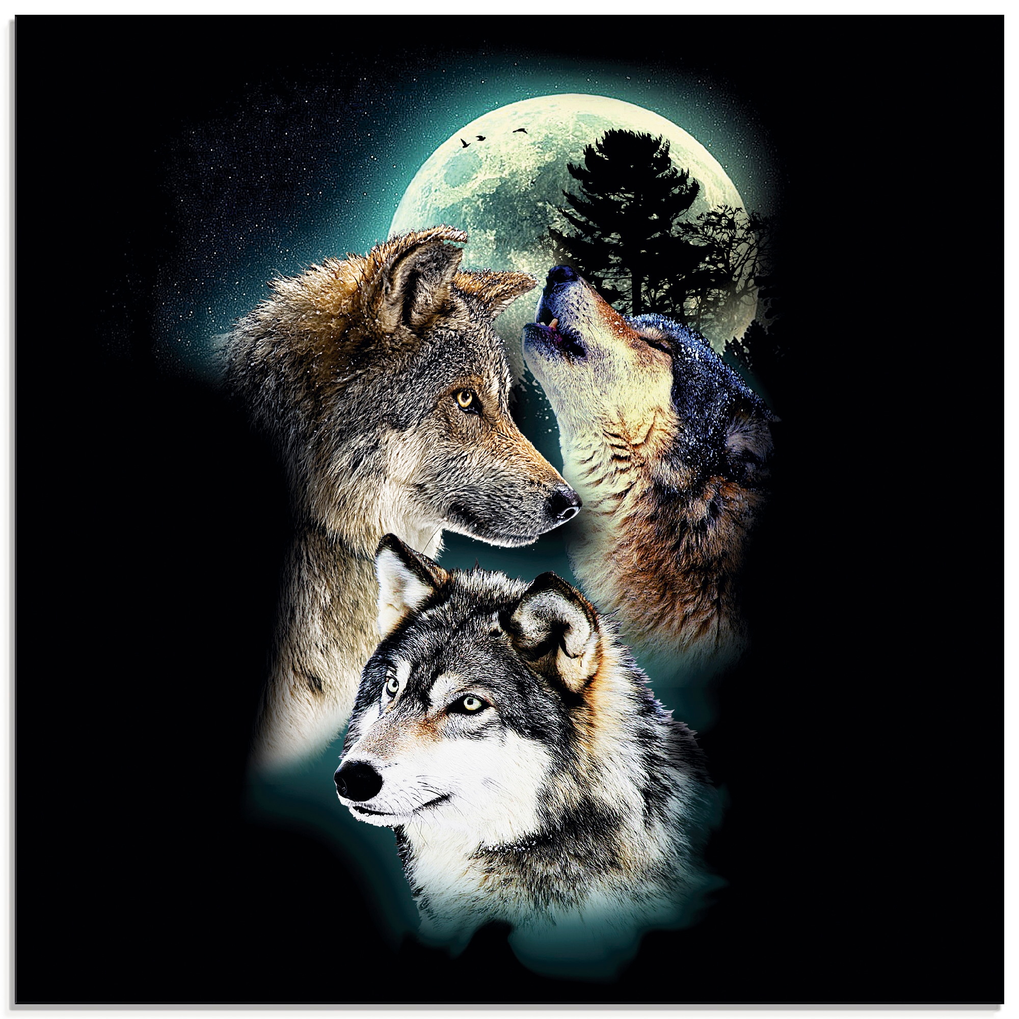 Glasbild »Phantasie Wolf Wölfe mit Mond«, Wildtiere, (1 St.), in verschiedenen Größen