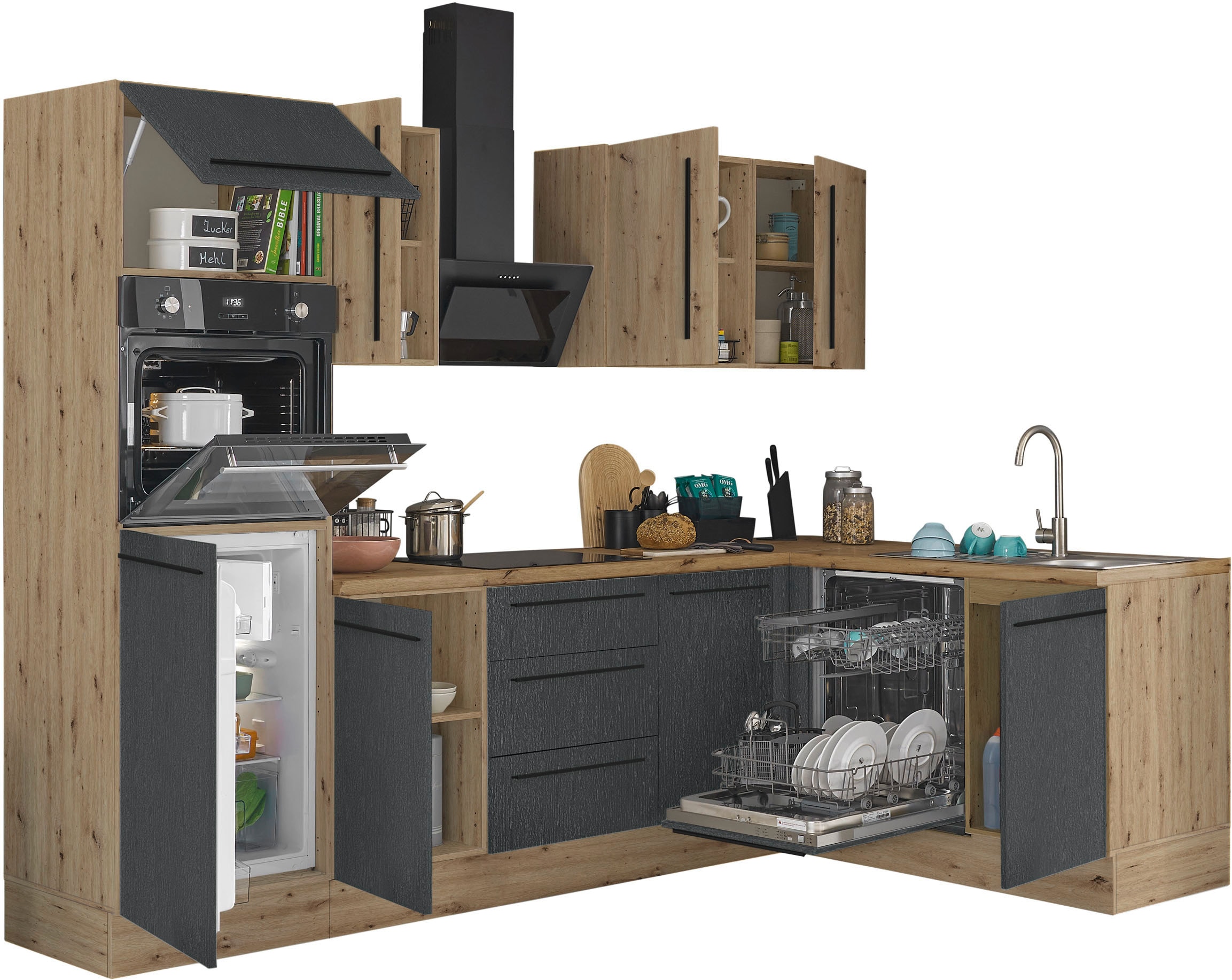 KOCHSTATION Winkelküche »Florida, Stellbreite 280x165 cm« wahlweise mit E-Geräten, mit Softclose für Türen und Schubkästen
