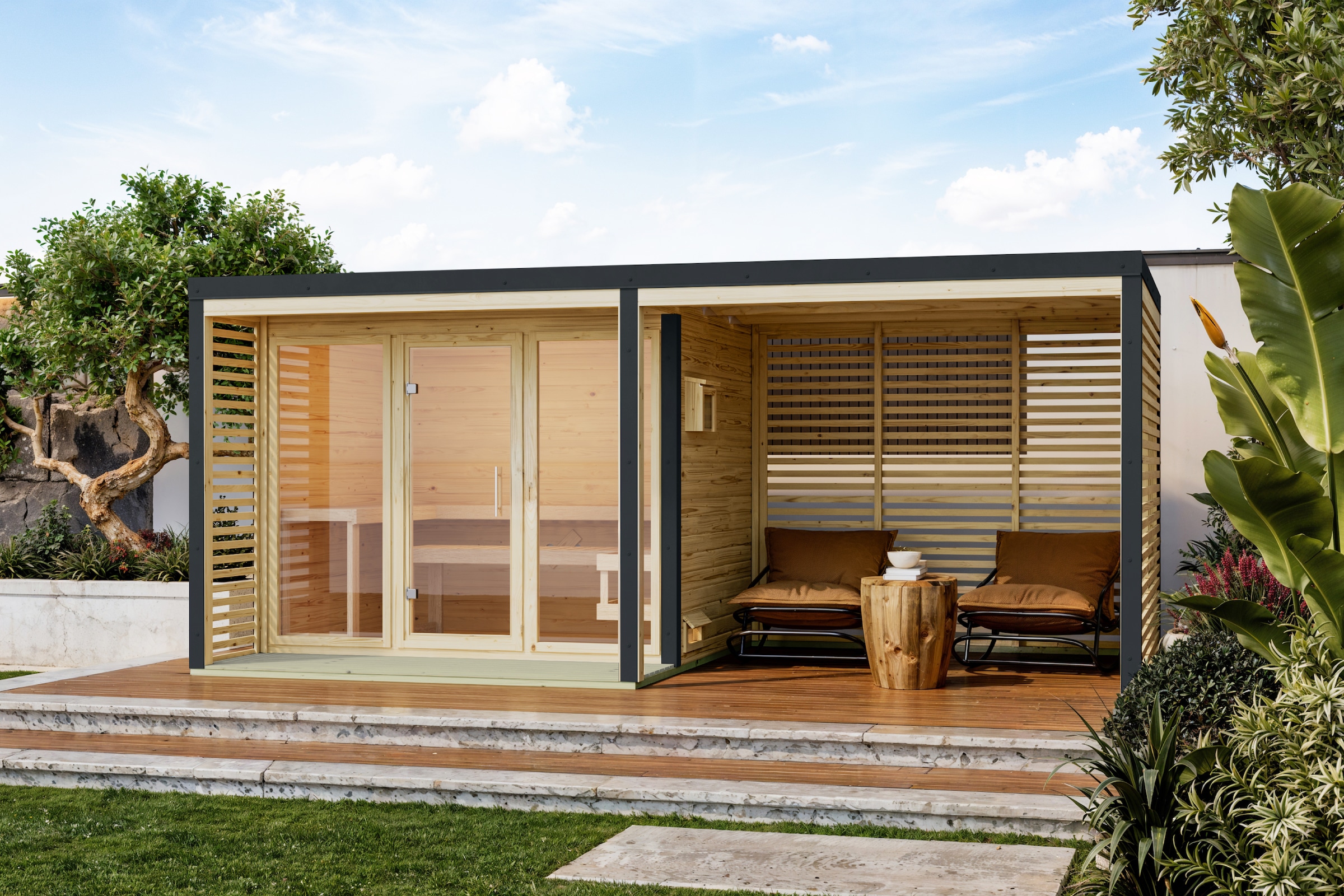 Karibu Anbaudach »für Saunahaus "Adrian" 2,76m inkl. Lamellenwänden« naturbelassen-anthrazit