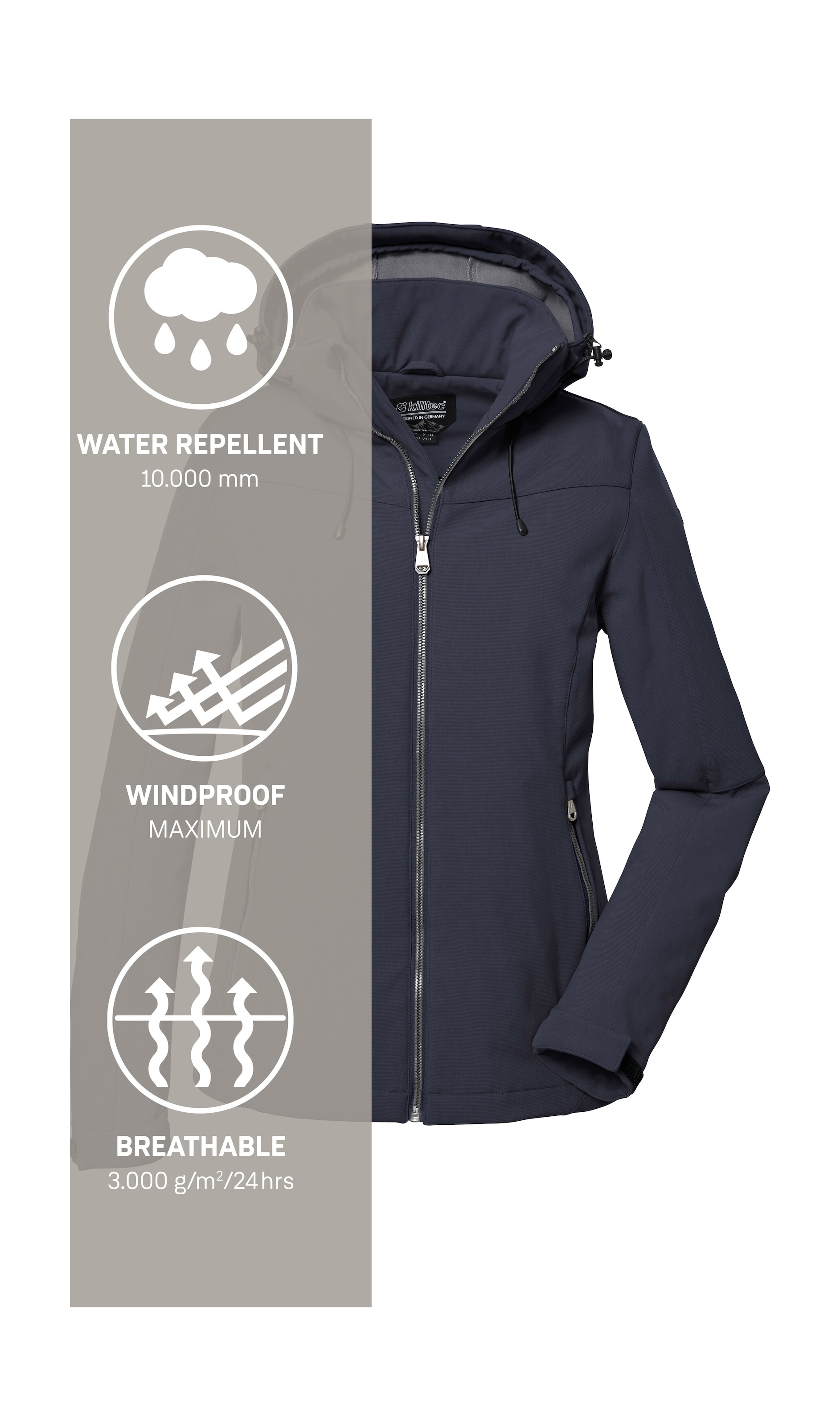 Killtec Softshelljacke »Damen Softshelljacke«, Wasserabweisende, winddichte Softshelljacke mit abnehmbarer Kapuze