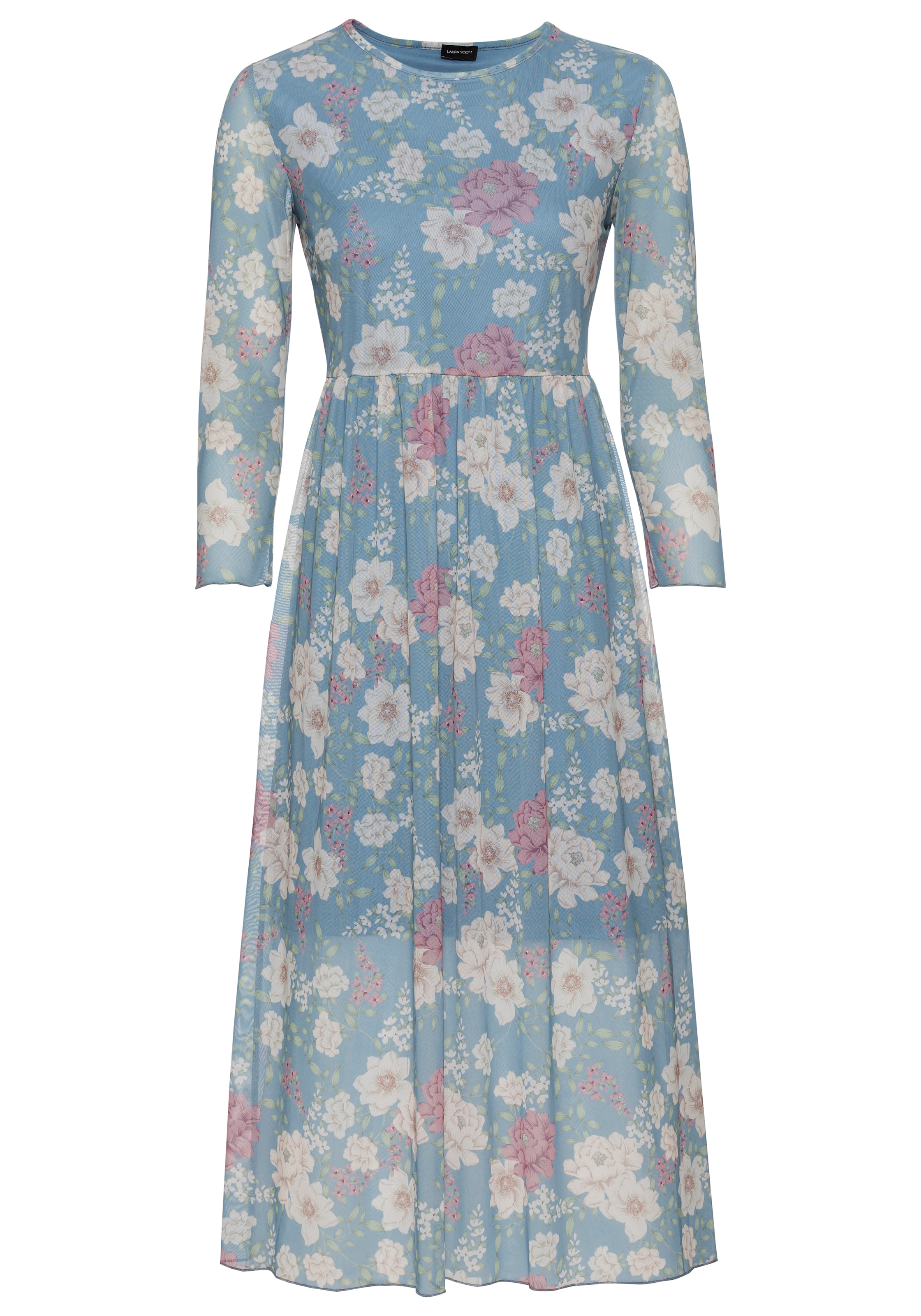 Laura Scott Meshkleid, wadenlang, ausgestellt, aus Mesh, 3/4-Ärmel