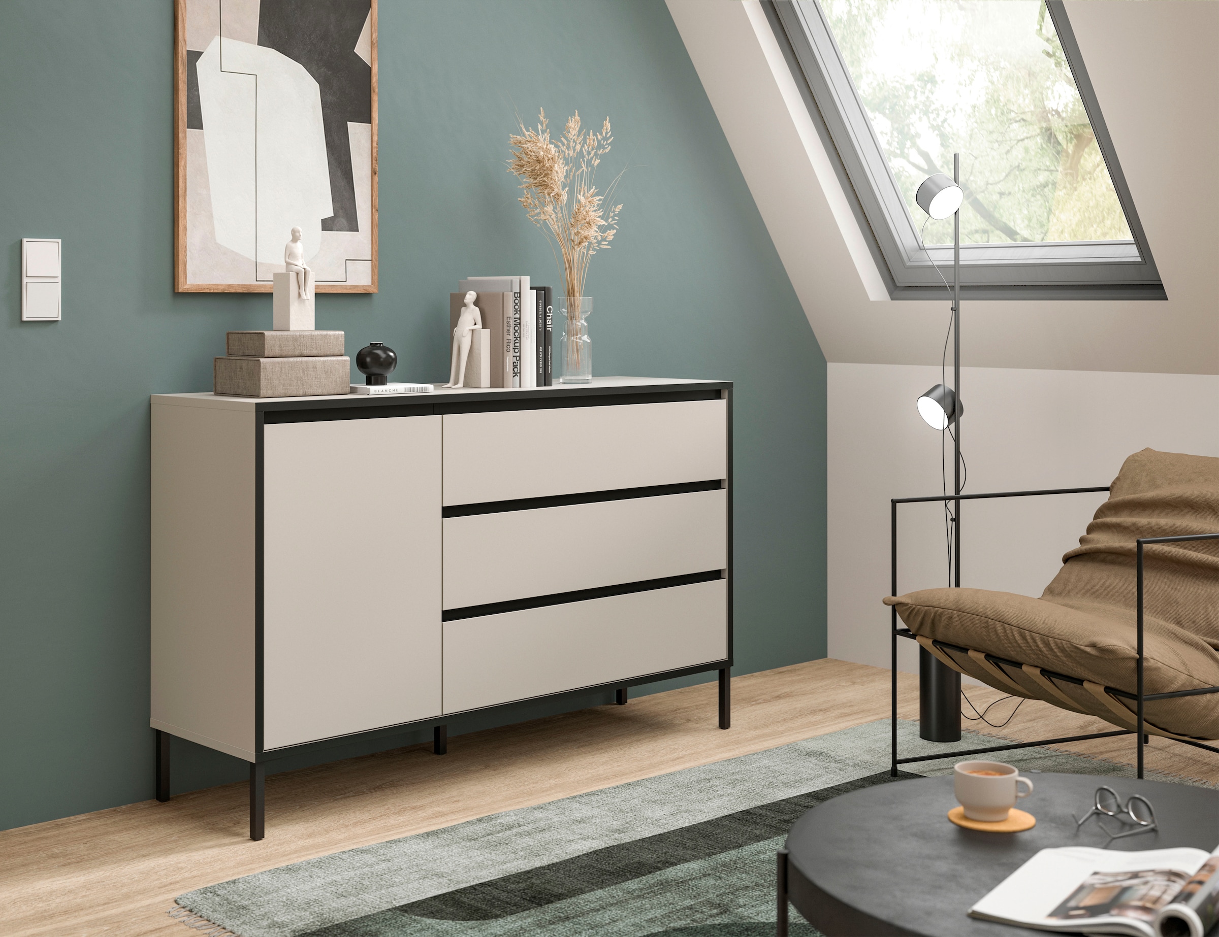 Home affaire Sideboard »NORT, Breite: 136cm, mit Metall Stabfuß, 1 Tür, 3 Schubkästen« Anrichte, Kommode, Schrank, Board, Higboard