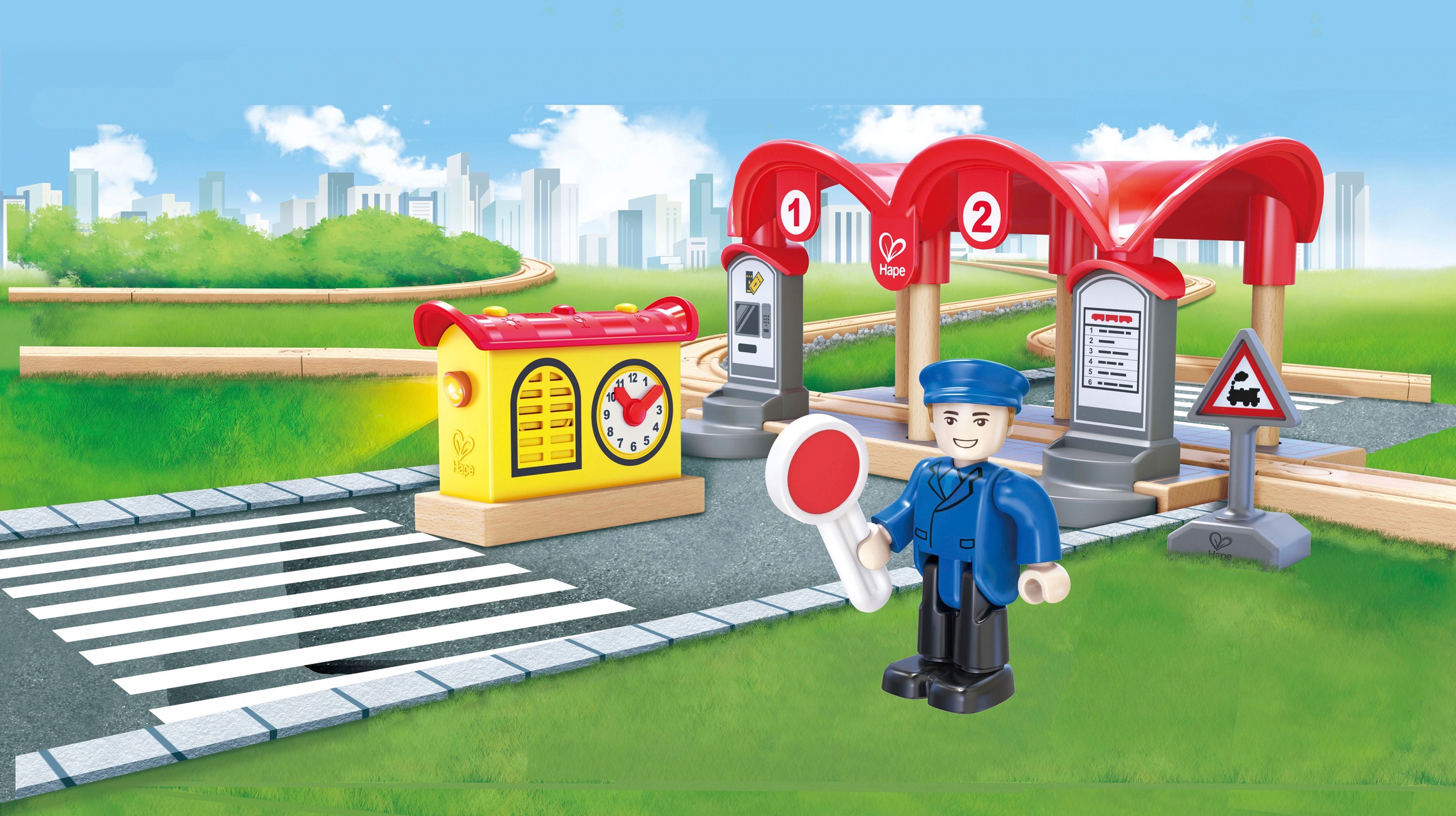 Hape Spielzeugeisenbahn-Gebäude »Bahnhof mit Aufnahmefunktion«, (Set, 5 tlg.), aus Holz