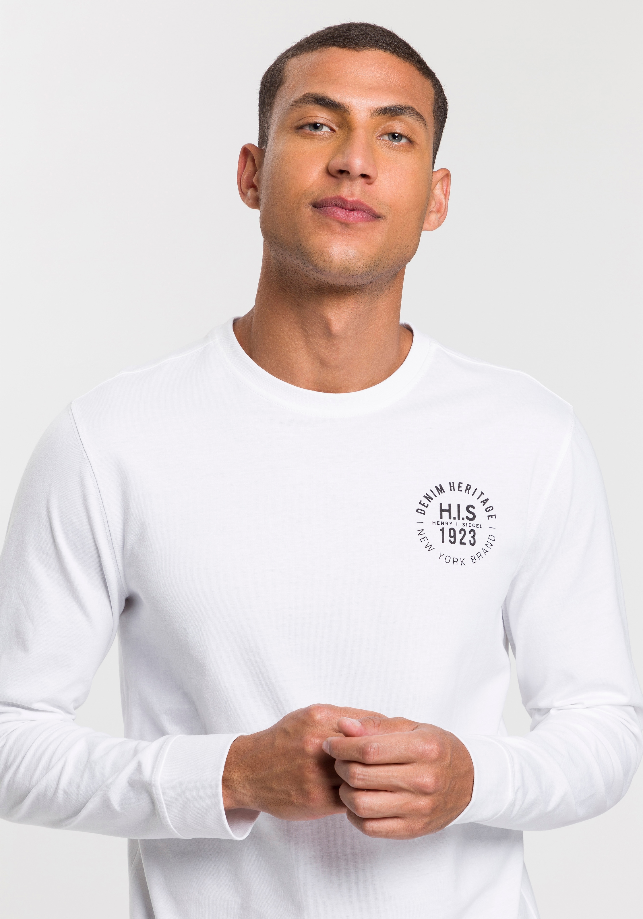 H.I.S Langarmshirt, (Packung, 2 tlg., 2er-Pack), Langarm, bedruckt, Rundhalsausschnitt, aus 100% Baumwolle