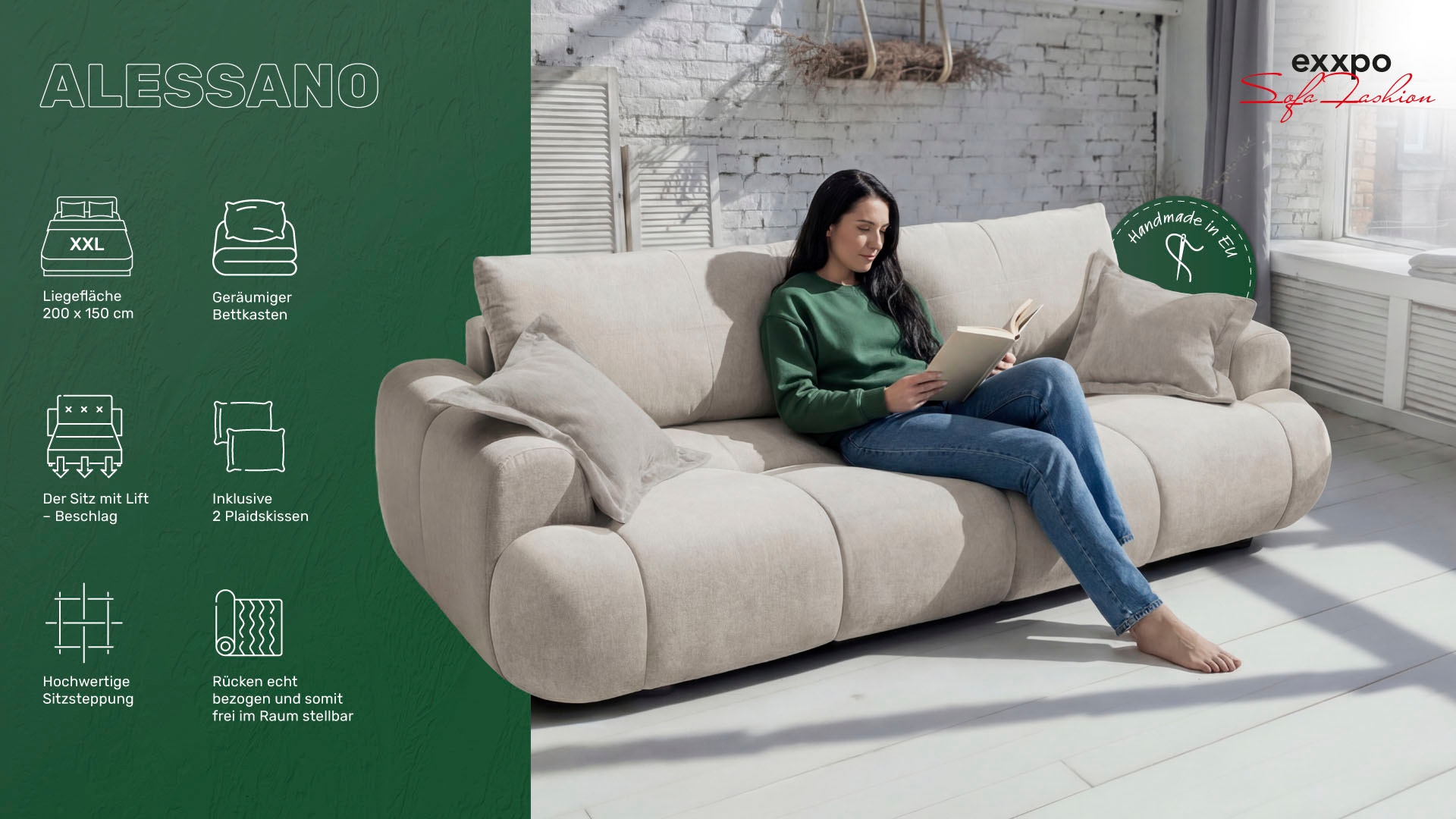 exxpo - sofa fashion 3-Sitzer »Alessano, 254 cm breit, modern & gemütlich« Verlässliche Qualität, inkl.Bettfunktion, Bettkasten, 2x Plaidskissen