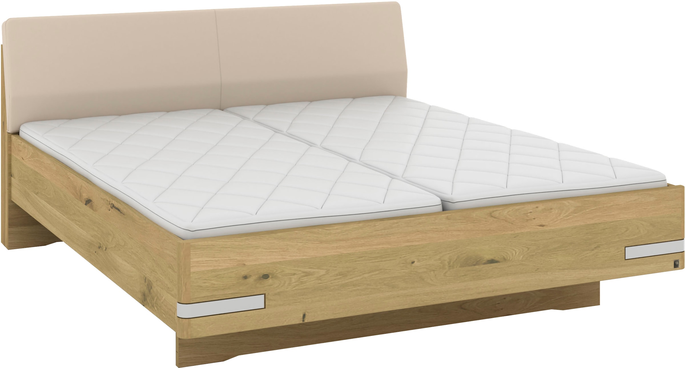 Musterring Holzbett »Savona, Bettgestell, Bettrahmen, teilmassiv Bianco-Eiche« Belastbarkeit 220 Kg, 4-fache Liegehöhenverstellung, MADE IN GERMANY,  Kopfteil Kunstleder Champagner, Details in Chrom, verschiedene Größen