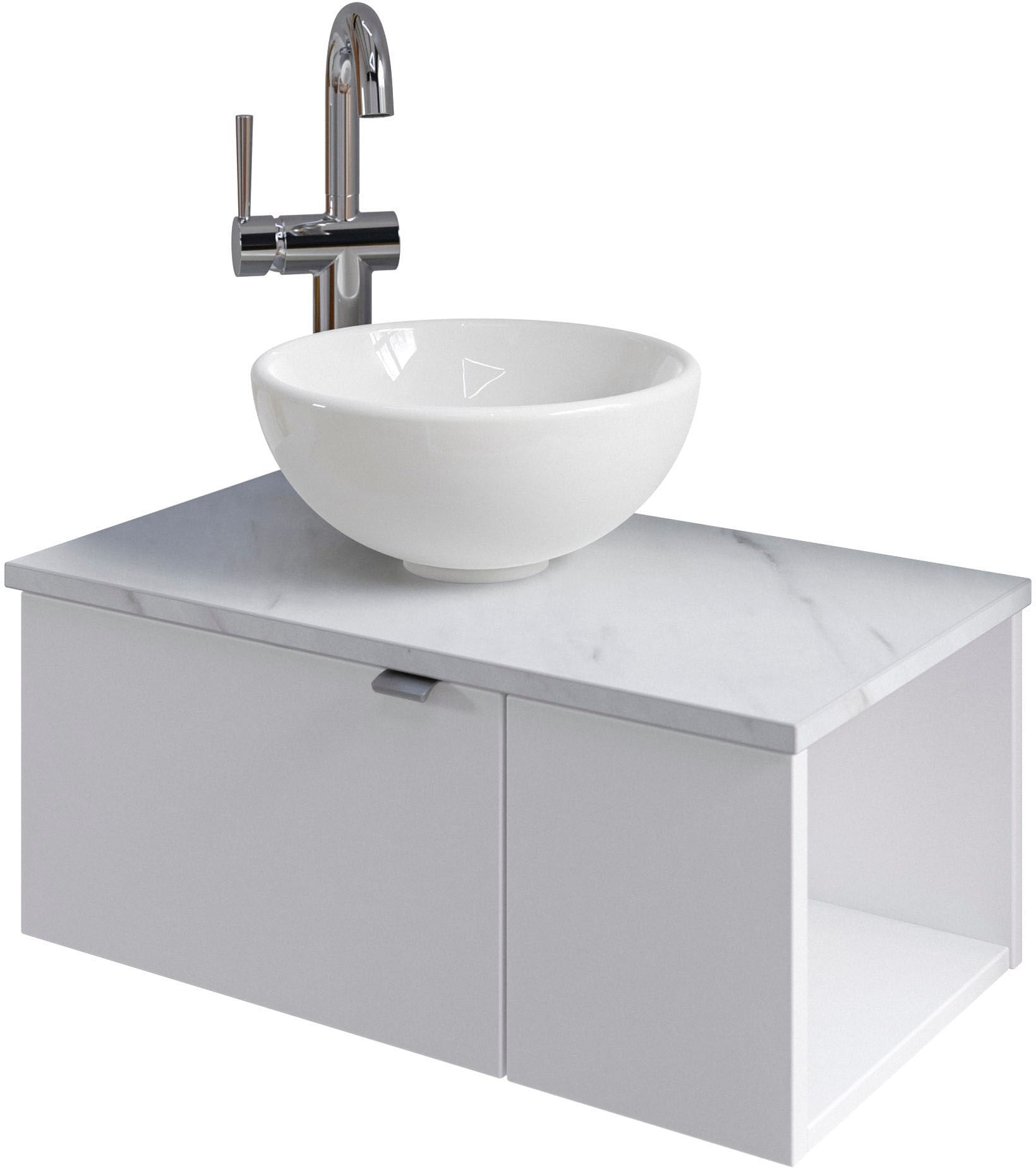 Saphir Waschtisch »Serie 6915 Waschschale mit Unterschrank für Gästebad, Gäste WC« Keramik-Aufsatzbecken, Waschtischplatte, Waschtischunterschrank, 3 Stk. tlg. 61 cm breit, 2 Türen, offenes Fach, kleine Bäder, ohne Armatur