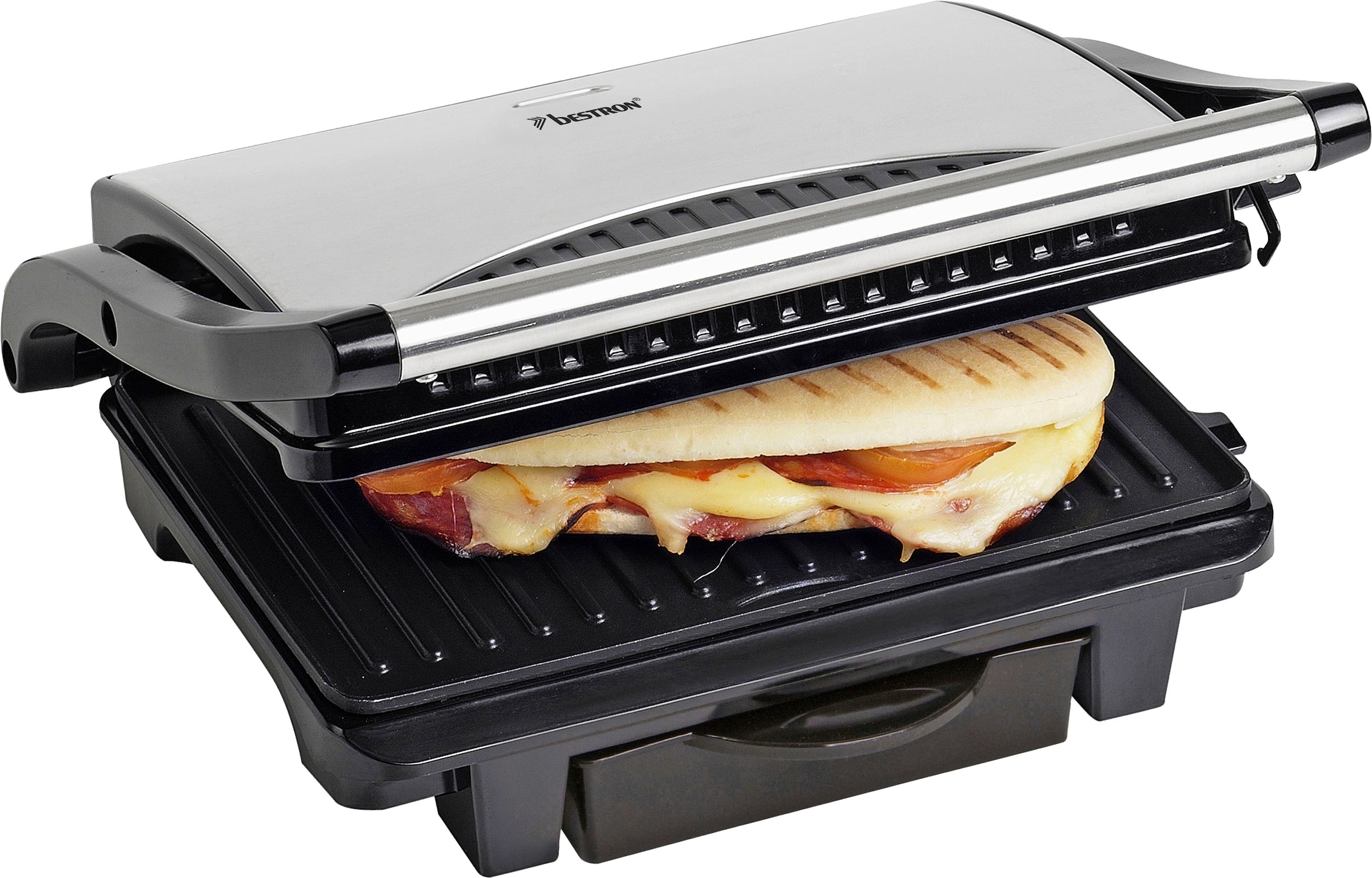 bestron Kontaktgrill »ASW113S Sandwich-/Panini-Kontaktgrill«, 1000 W, antihaftbeschichtet, mit Auffangschale, Schwarz