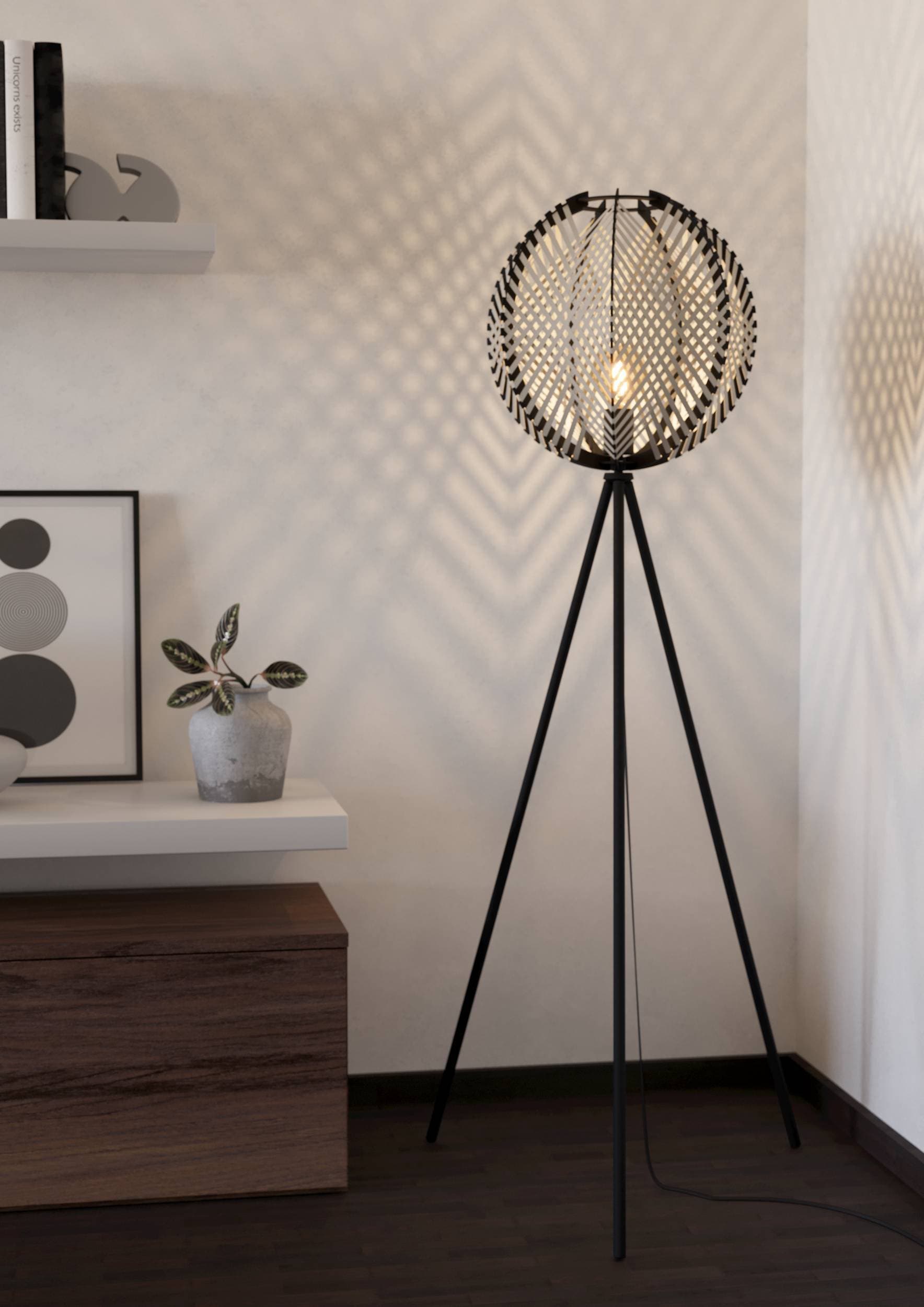 EGLO Stehlampe »Waverton Stehlampe, Standleuchte, Metall, Holz, Textil in Weiß, E27« E27 1 Stk. Stehleuchte - H143 x Ø40 cm - schwarz - 1X40W exkl.