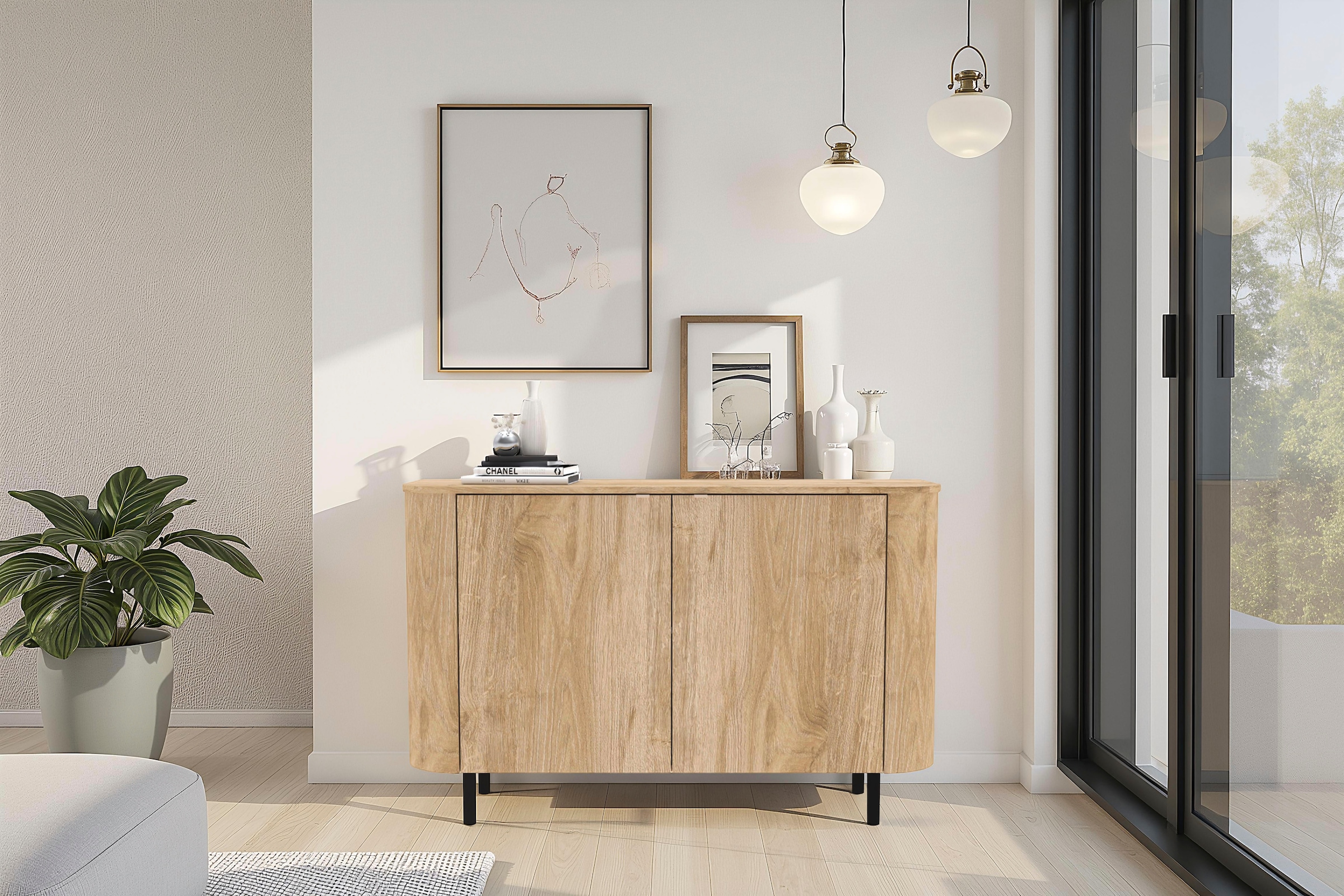 Home affaire Sideboard »Murano, 131 cm breit, 2 Türen, Anrichte, Kommode, Stauraumschrank« Formgebogenes MDF, Stirnseiten mit Rundung, Füße und Griffe aus Metall