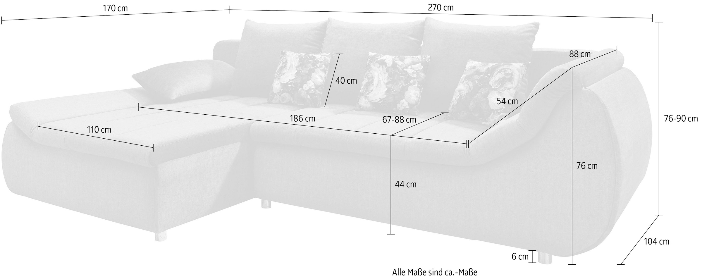 INOSIGN Ecksofa »Imolaa elegant, Breite 270cm, moderne Sitzsteppung, bequem, L-Form«, auch mit Bettfunktion und Bettkasten