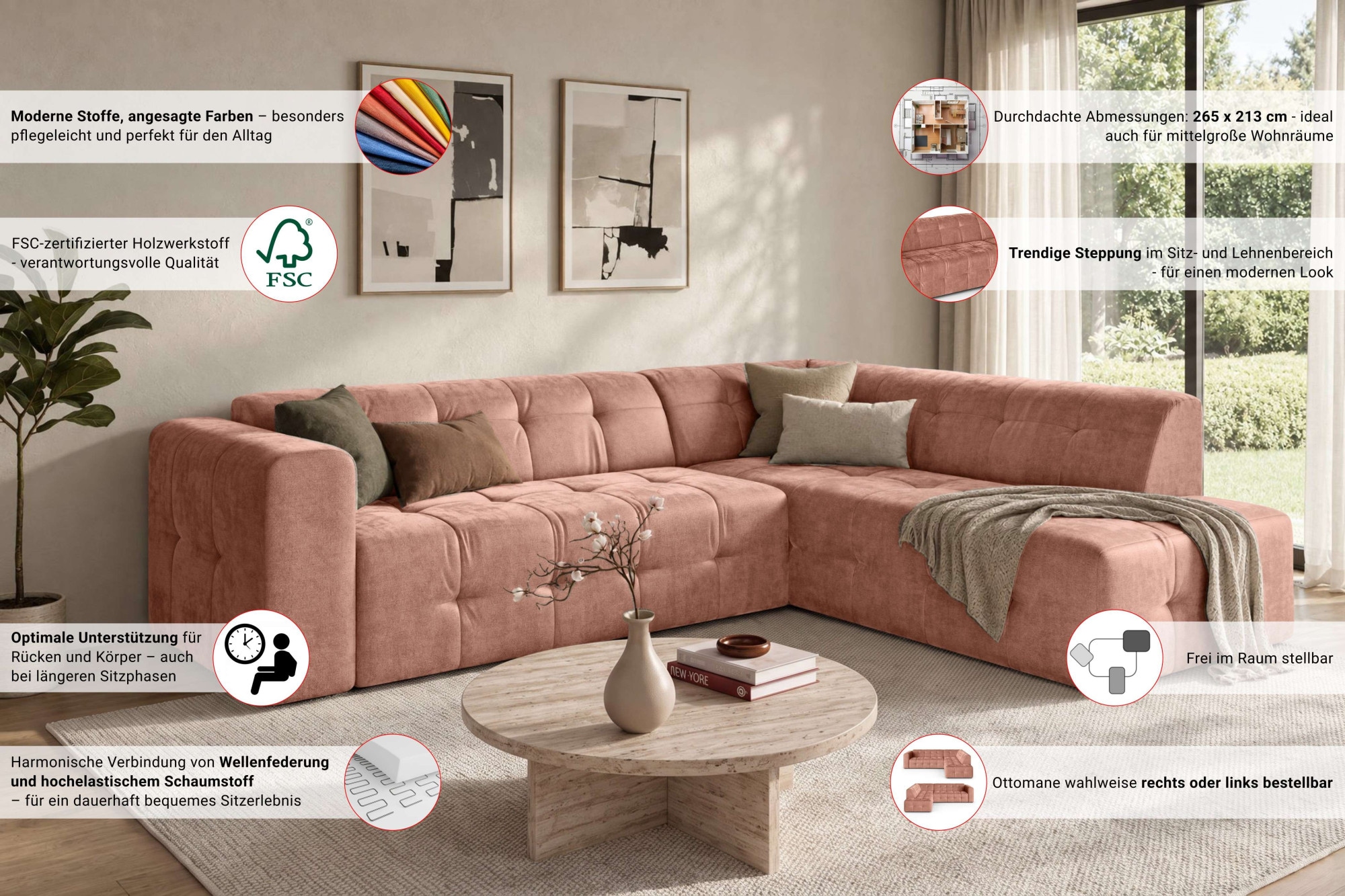 OTTO home Ecksofa »TYZZA L-Form, Breite 265 cm, Verlässliche Qualität, Chenille« Ottomane links/rechts bestellbar, Bezug - Chenille oder Struktur