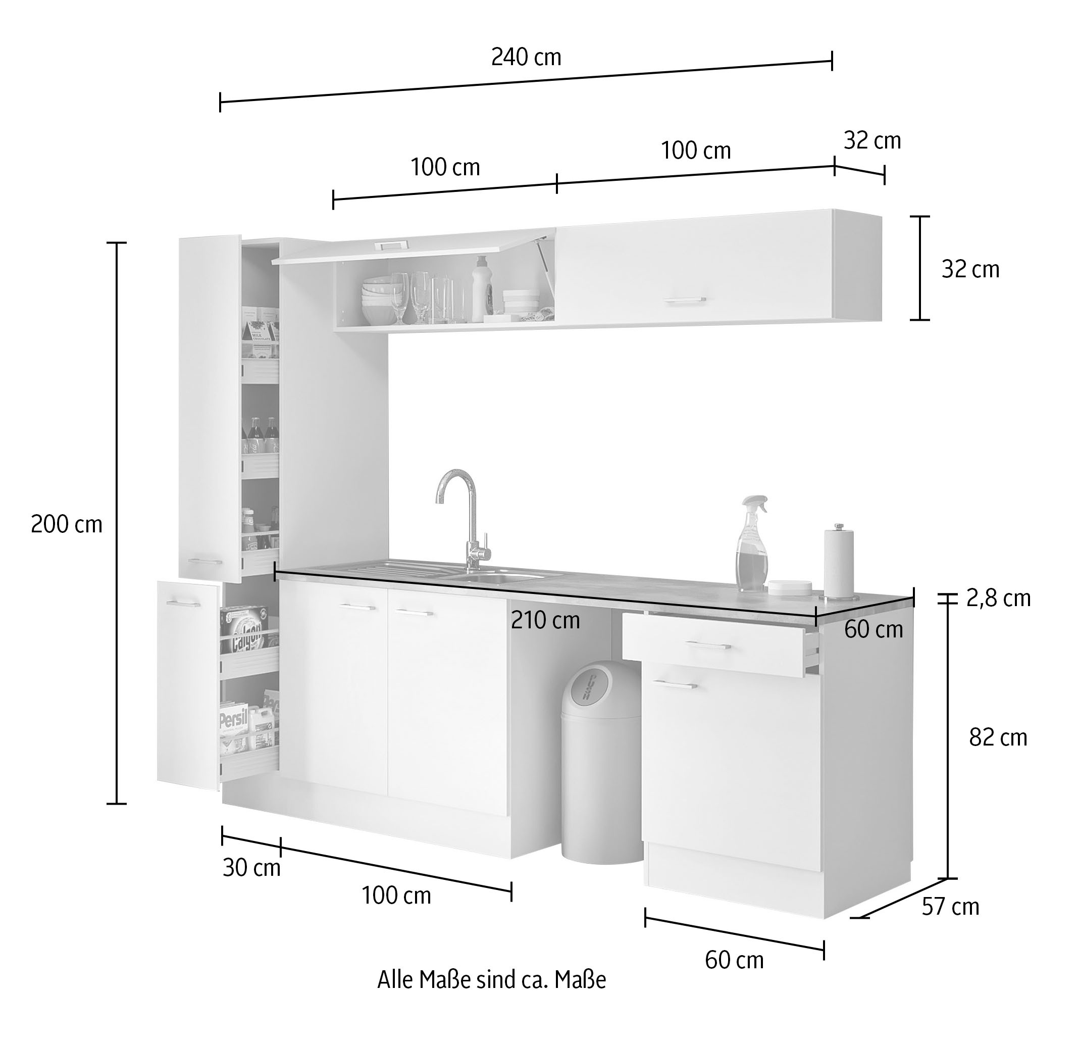 Flex-Well Mehrzweckschrank-Set »LUCCA, 7-teilig, Hauswirtschaft-, Hobby/Werkraum, Küche, Breite 240 cm« Komplett-Set, bestehend aus: 2x Unter-, 2x Ober- und 1x Auszugsschrank, APL+Spüle, 7 Stk. tlg.