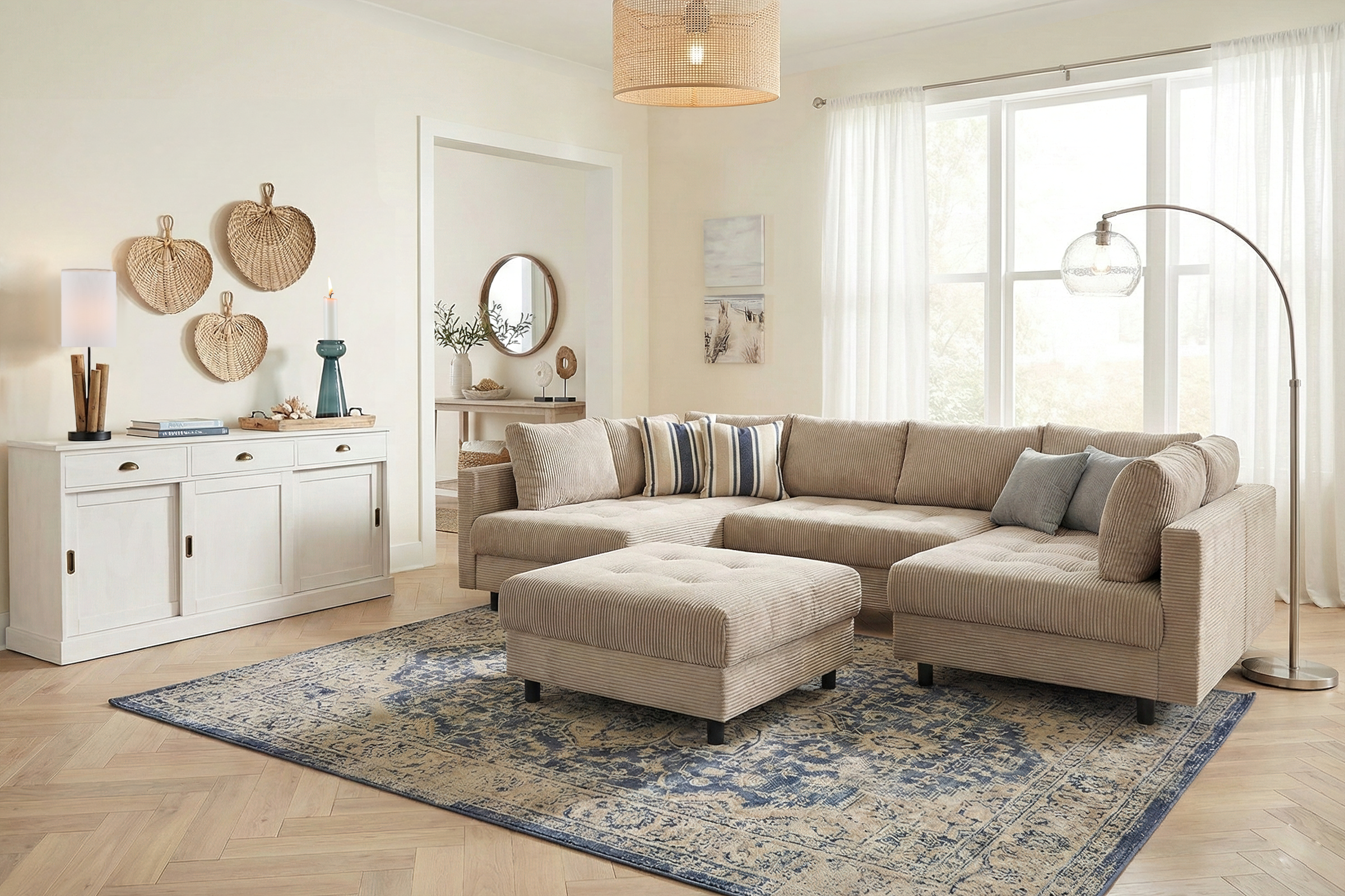 COLLECTION AB Wohnlandschaft »Toni U-Form, B: 298 cm« Set: Sofa & Hocker, 3 Zierkissen, Federkern