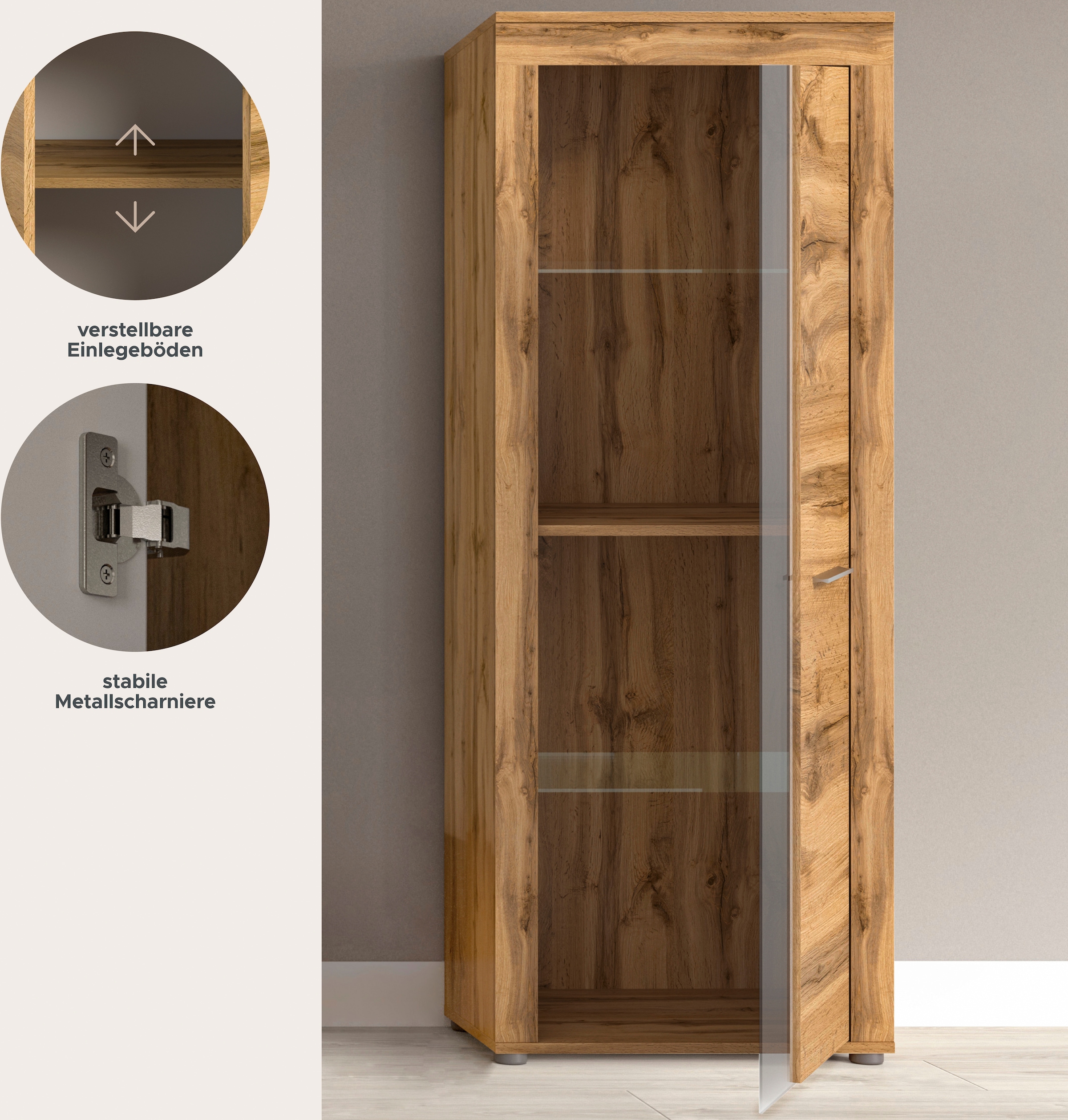 INOSIGN Vitrine »Aosta, Höhe 159 cm, in verschiedenen Farbausführungen«, 1 Tür, 3 Einlegeböden, 4 Fächer, Wohnzimmer, Standvitrine, Glasvitrine