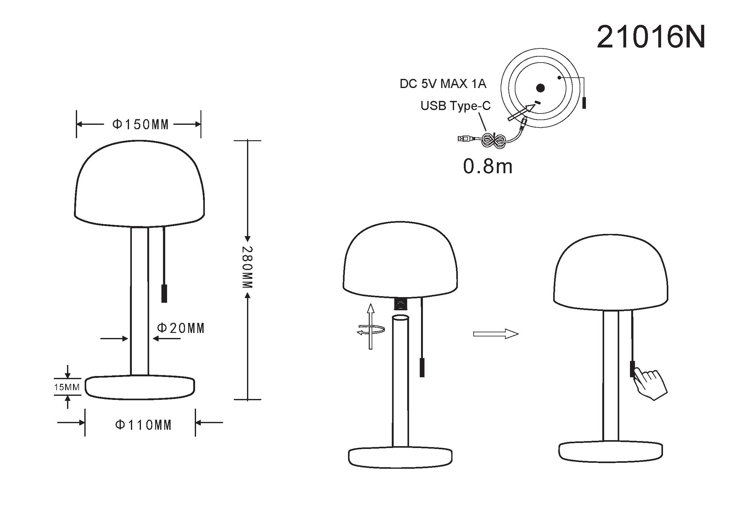 GLOBO LIGHTING LED Tischleuchte »NORMAN« LED-Modul 1 Stk. warmweiß - kaltweiß Akkutischleuchte auch für draußen, Zugschalter Kordel, Akkulampe