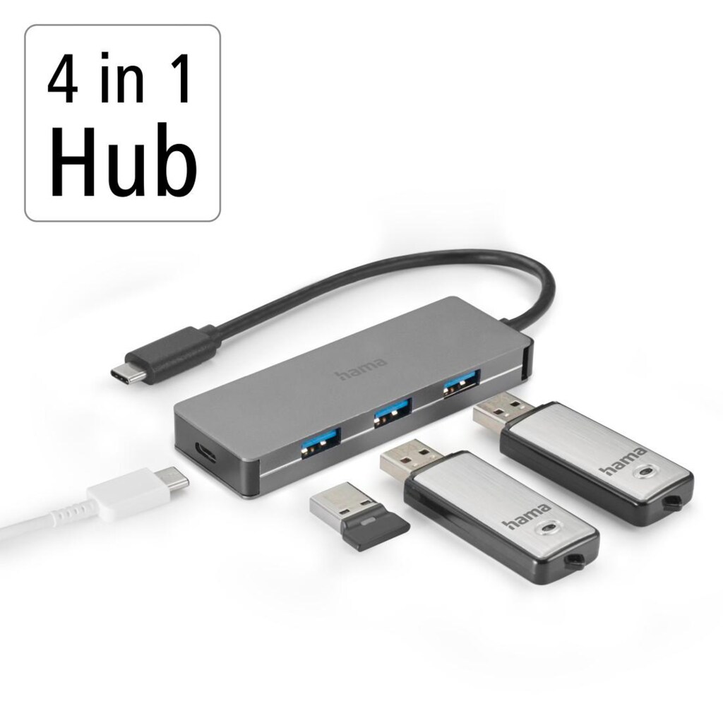 Hama USB-Adapter »USB-C Multiport Hub für Laptop mit 4 Ports, USB-A, USB-C, silberfarben«, USB-C zu USB Typ A-USB-C, 15 cm