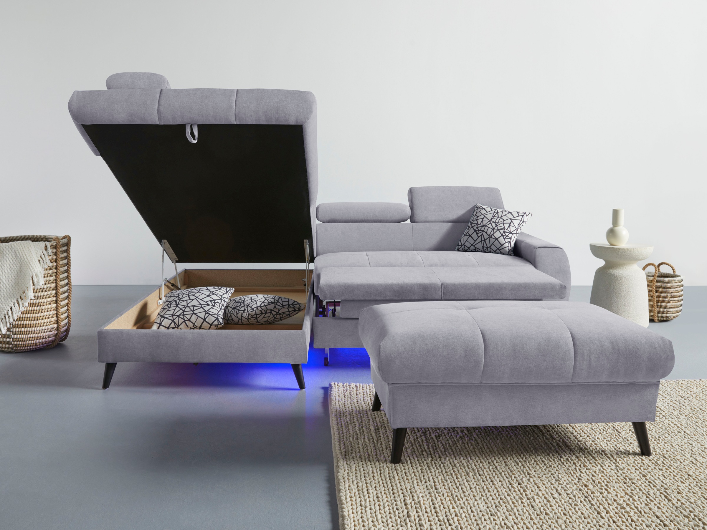 COTTA Ecksofa »Mia L-Form mit 3 Zierkissen«, wahlweise mit Bettfunktion, Bettkasten, Beleuchtung & Wireless-Charger