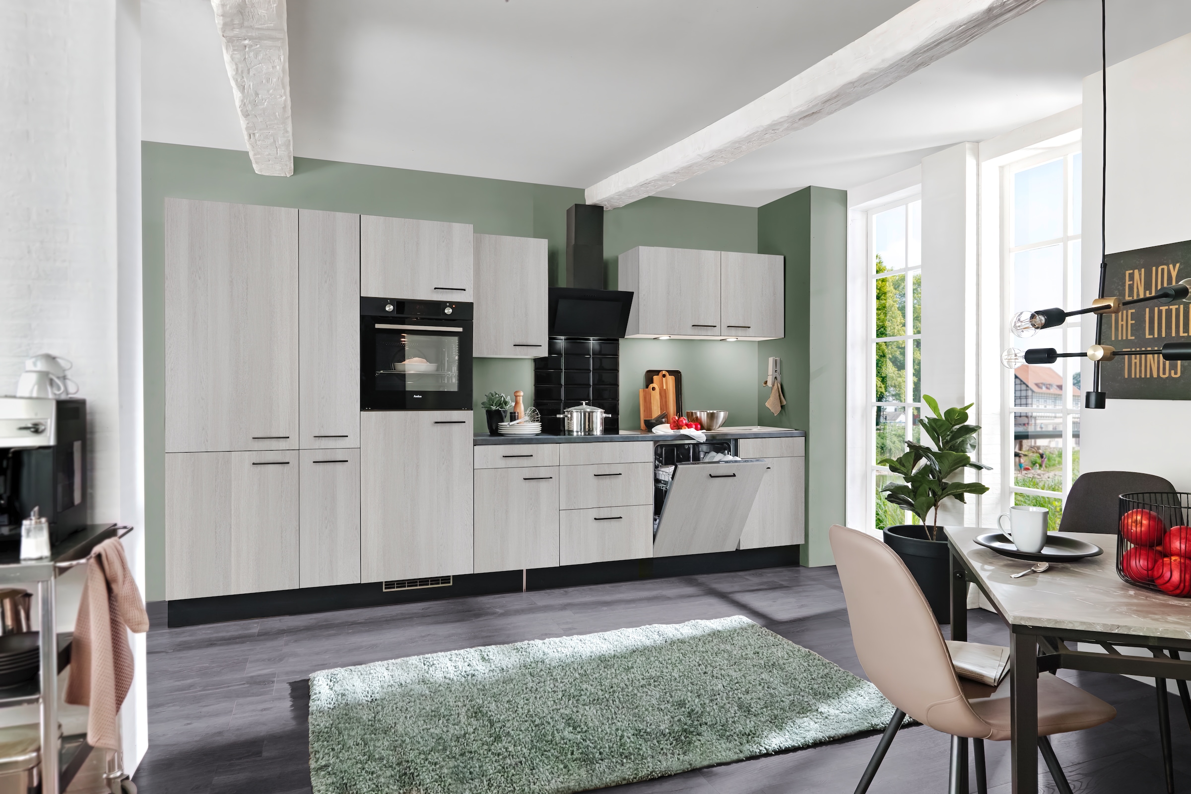 wiho Küchen Küche »Nisos«, Soft-Close, 370 cm, Backofen matt schwarz, Teleskopauszug