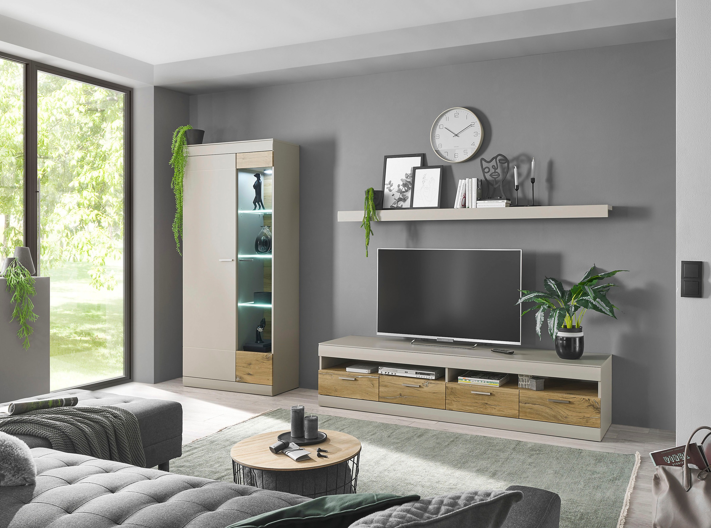 INOSIGN Wohnwand »SCARA«, (3 St.), trendige Farbe mit Applikation Zinneiche Dekor, mit Softclose-Funktion