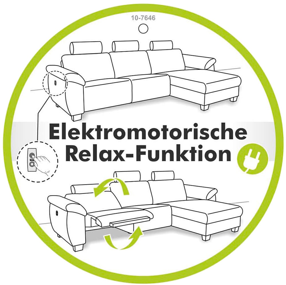 Jockenhöfer Gruppe Ecksofa »Chillout L-Form, B: 288 cm, elektr. Relaxfunktion im Sitz und Ottomane« 140kg Belastbarkeit je Sitz, Kopfteilverstellung & Zierkissen