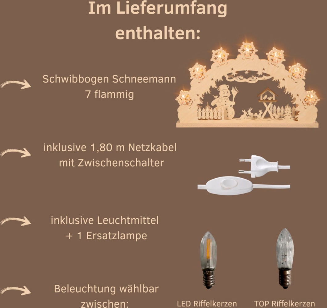 Weigla Schwibbogen »Schneemann, Lichterbogen aus Holz NATUR-BRAUN«, Erzgebirge garantiert, Weihnachtsdeko Innen, Weihnachtsbeleuchtung