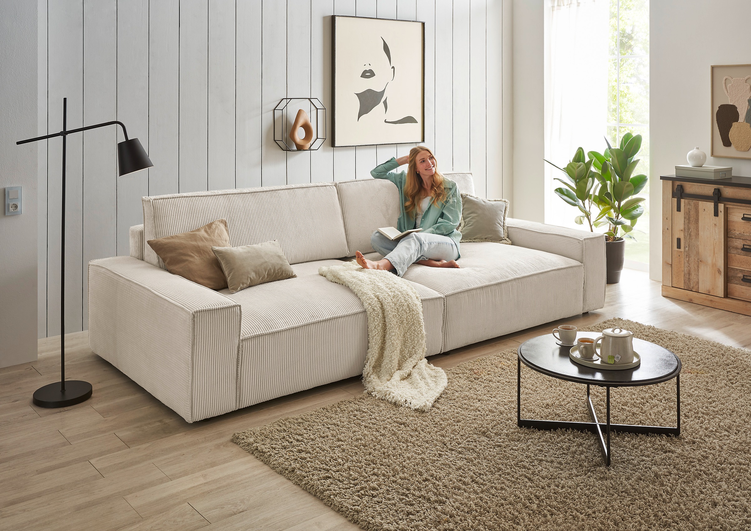 Home affaire Big-Sofa »NEU: SHERWOOD XXL, Big-Sofa (316cm), extra tiefe Sitzfläche 95 cm«, bequemer Sitzkomfort, Cord u. Leinenoptik, Kedernaht