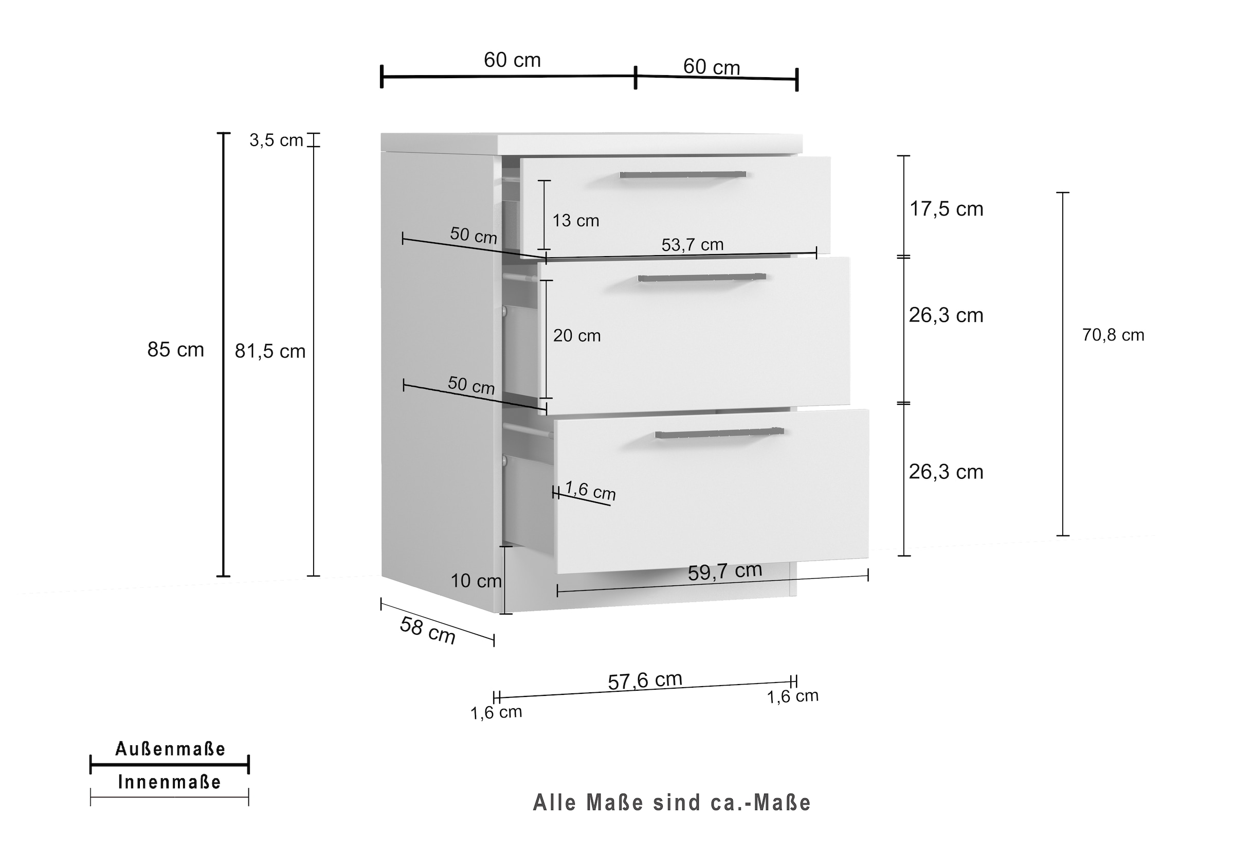 KOCHSTATION Unterschrank »Luna, Küchenunterschrank, Unterschrank mit Schubladen, Made in Italy« B/T/H: 60 × 60 × 85 cm, mit 3 Schubkästen, 3,5 cm starke Oberplatte