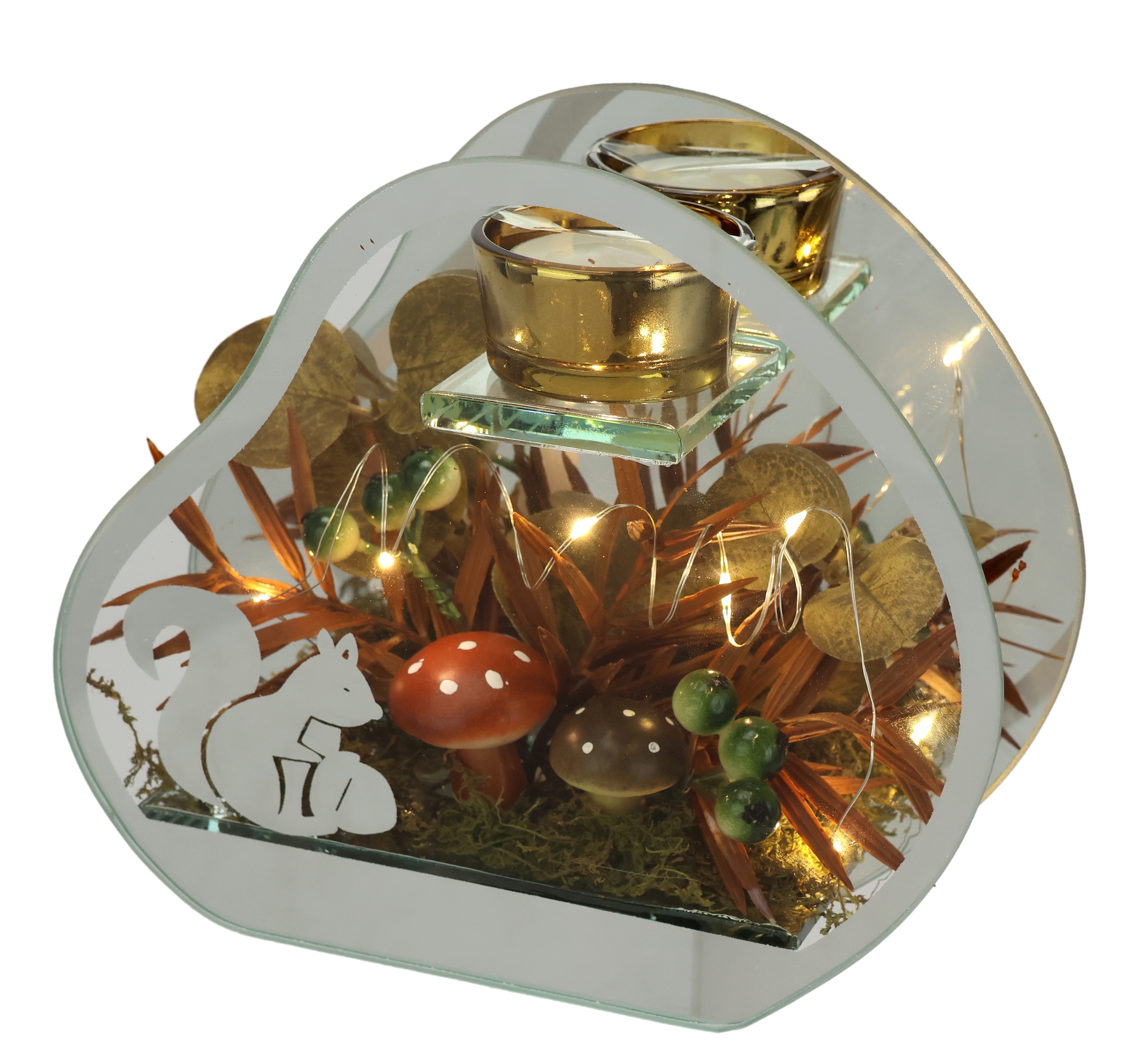 I.GE.A. Teelichthalter "Teelichthalter aus Glas mit Teelichtkerze" Herbstlich dekoriert mit Pilze Eichhörnchen Herbstlaub Kerze Windlicht