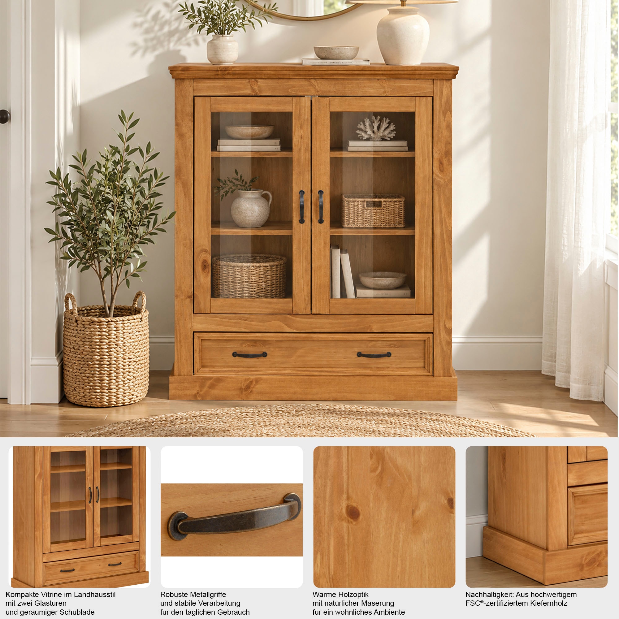 OTTO home Vitrine »Selma Highboard« aus massivem Kiefernholz, mit Griffen aus antikisiertem Metall