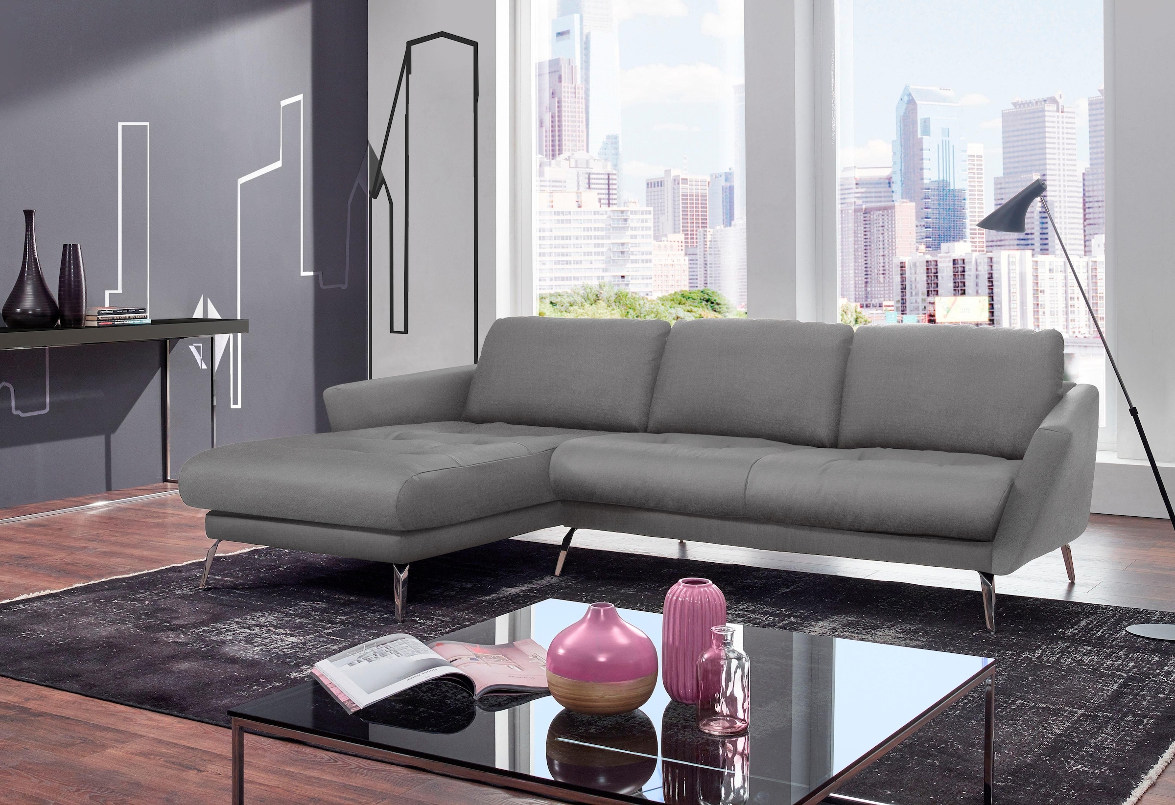 W.SCHILLIG Ecksofa »softy, Designsofa, zeitlos und elegant, hoher Sitzkomfort, L-Form«, mit dekorativer Heftung im Sitz, Füße Chrom glänzend