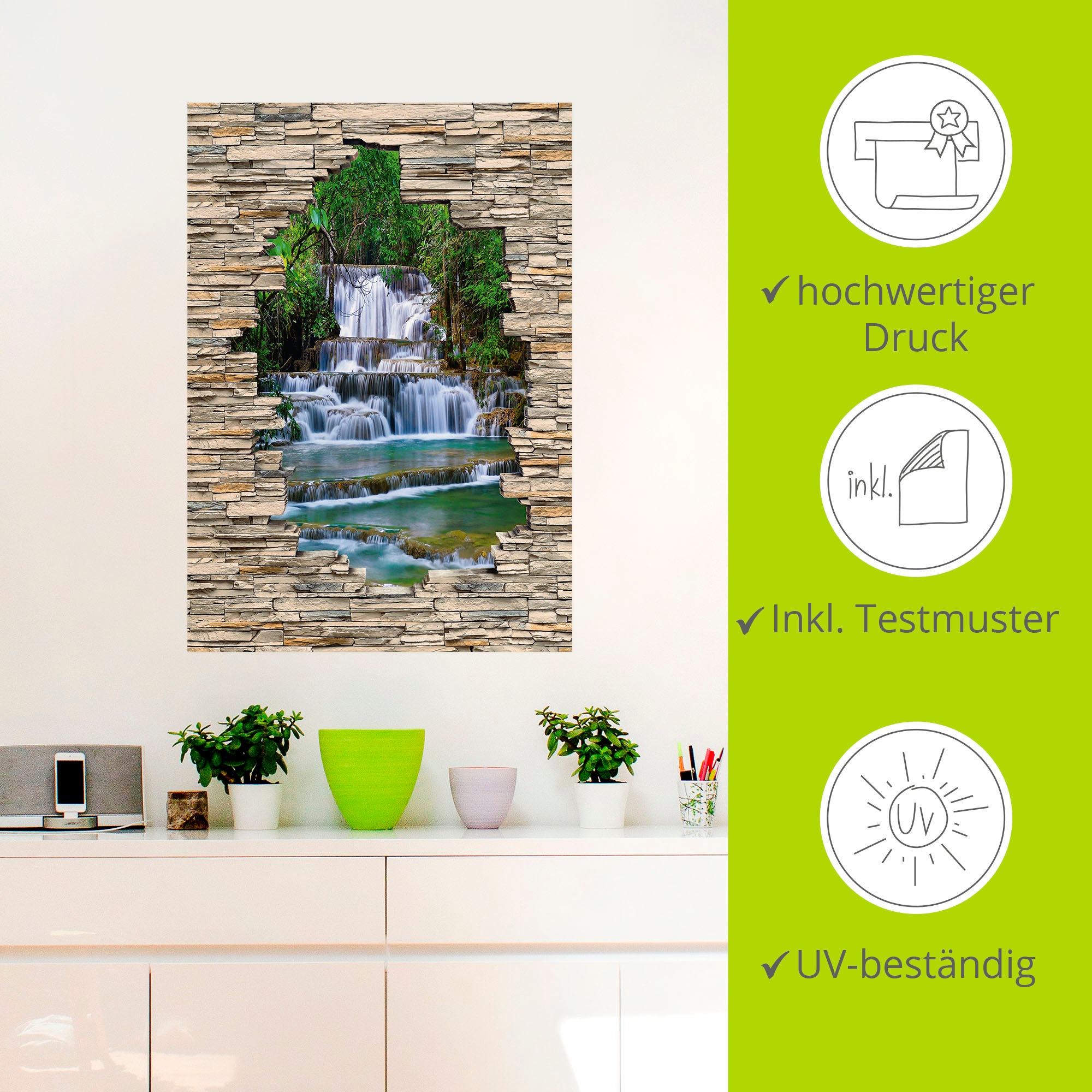 Artland Wandbild »Tiefen Wald Wasserfall Stein Mauer Blick«, Wasserfallbilder, (1 St.), als Alubild, Outdoorbild, Wandaufkleber in verschied. Größen