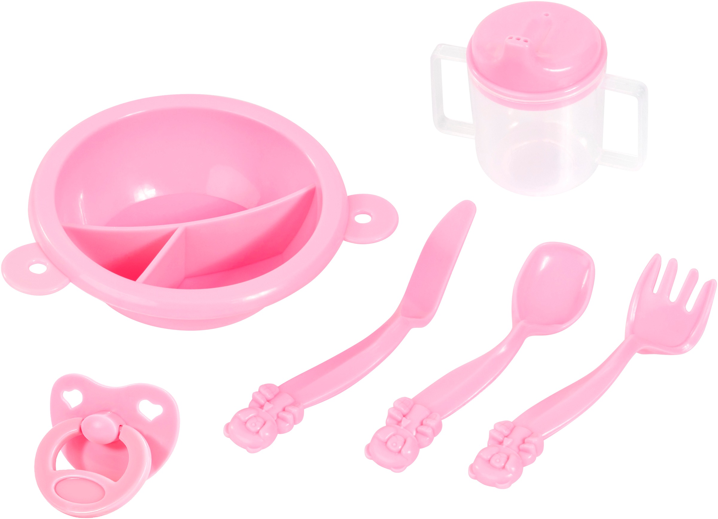 Bayer Puppenbett »Puppen-Reisebett-Set altrosa« inklusive Hochstuhl, Tasche, Teller, Trinkbecher, Besteck, Schnuller