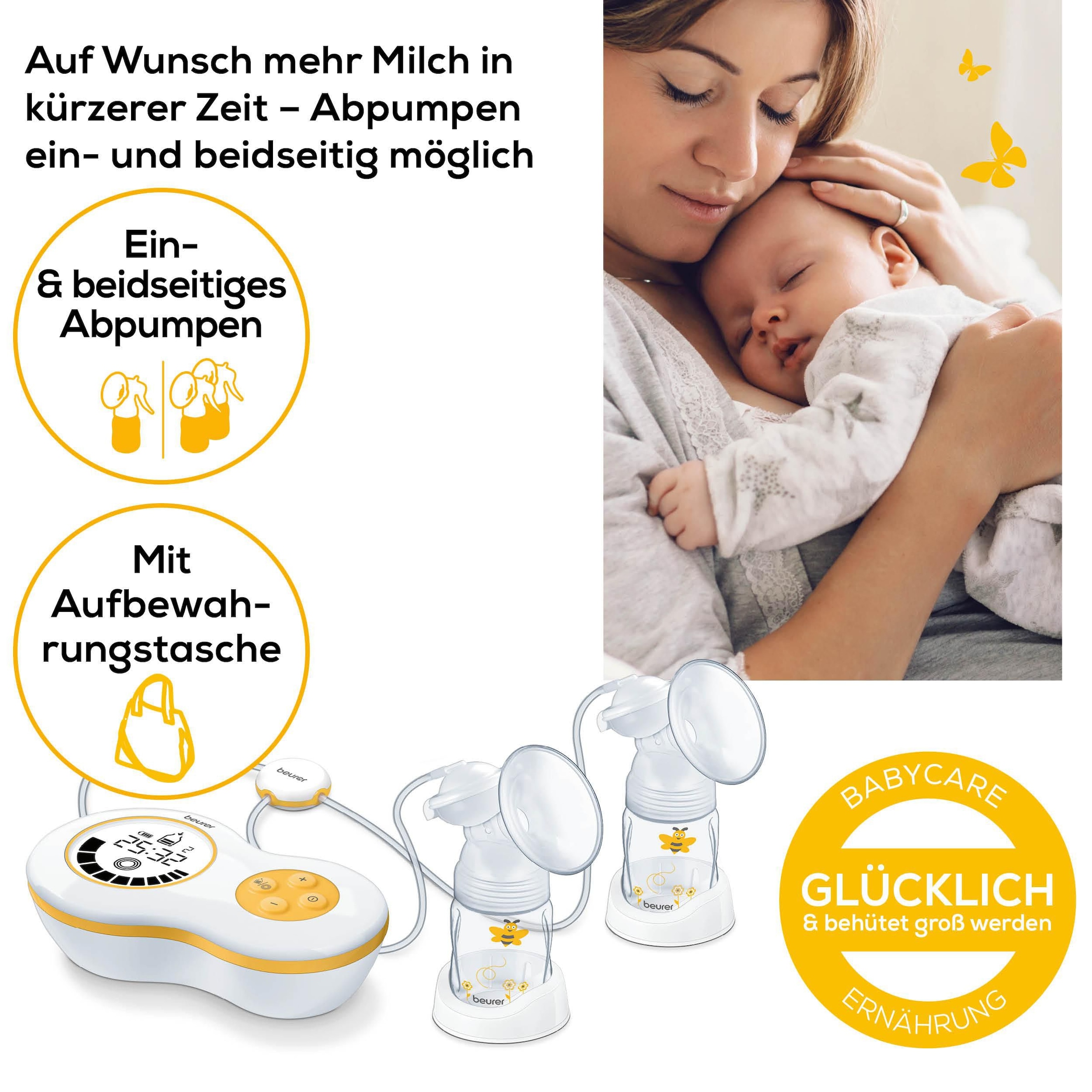 BEURER Elektrische Doppelmilchpumpe »BY 70 inkl. Handpumpe«, Für beid- und einseitiges Abpumpen geeignet, 10 Stimulationsstufen