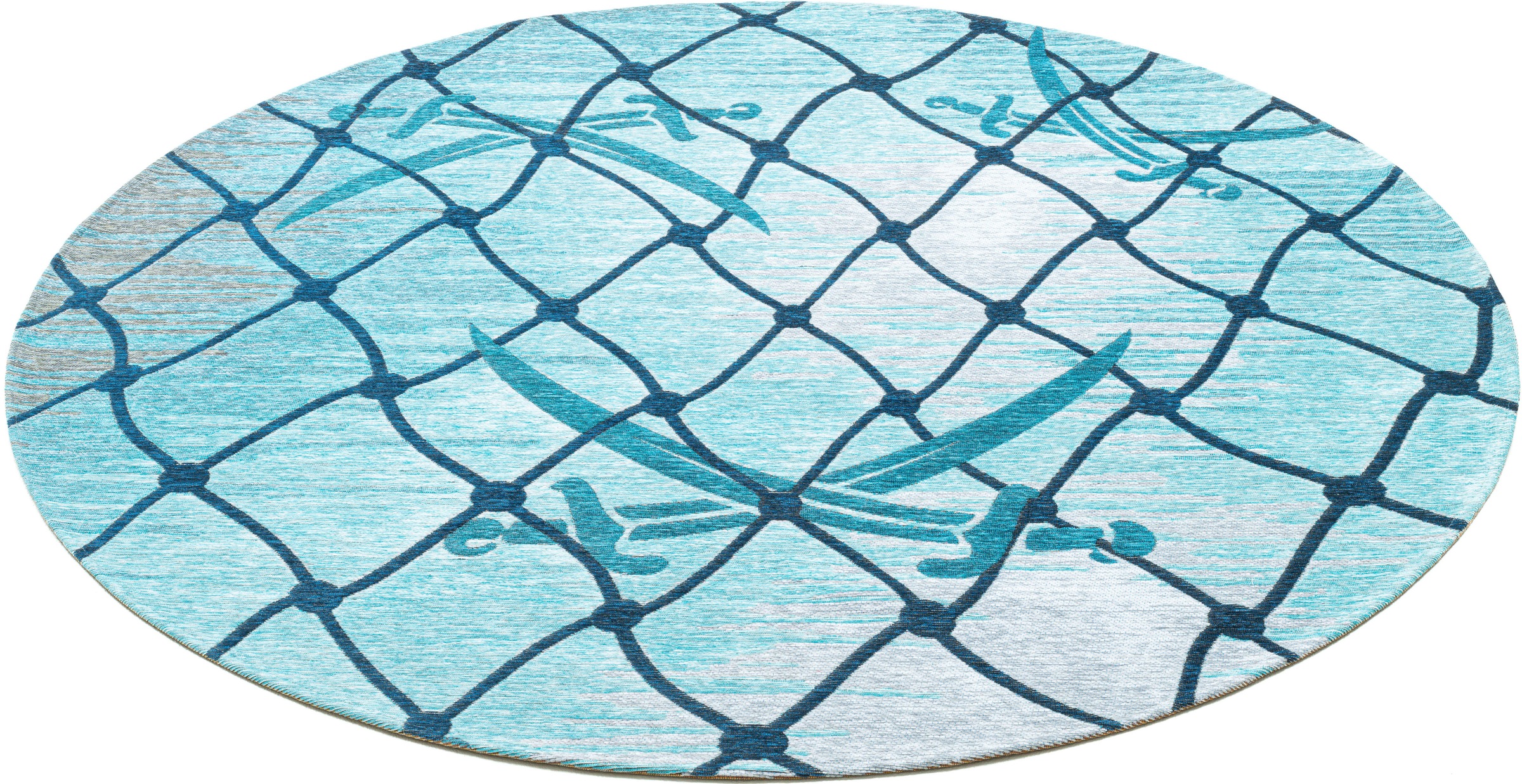 Sansibar Teppich »Keitum 005«, rund, 3 mm Höhe, Flachgewebe, modernes Design, Motiv Fischernetz & gekreuzte Säbel